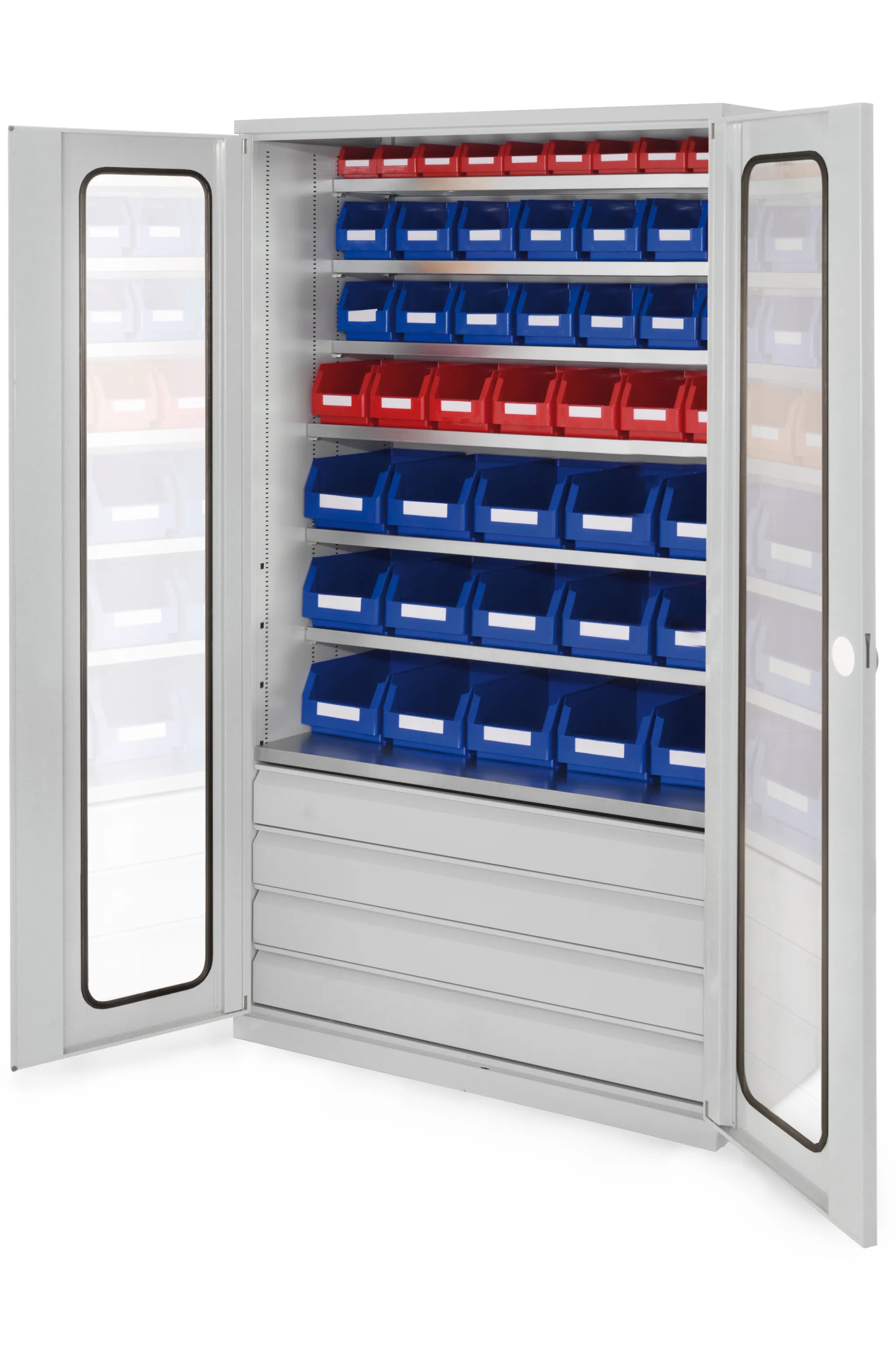 Gro?raumschrank Modell 25 von Kappes Systeme: Robuste Stahlkonstruktion mit Sichtfenstert?ren, vier Schubladen und flexiblen Lagersichtk?sten f?r effiziente Raumnutzung.