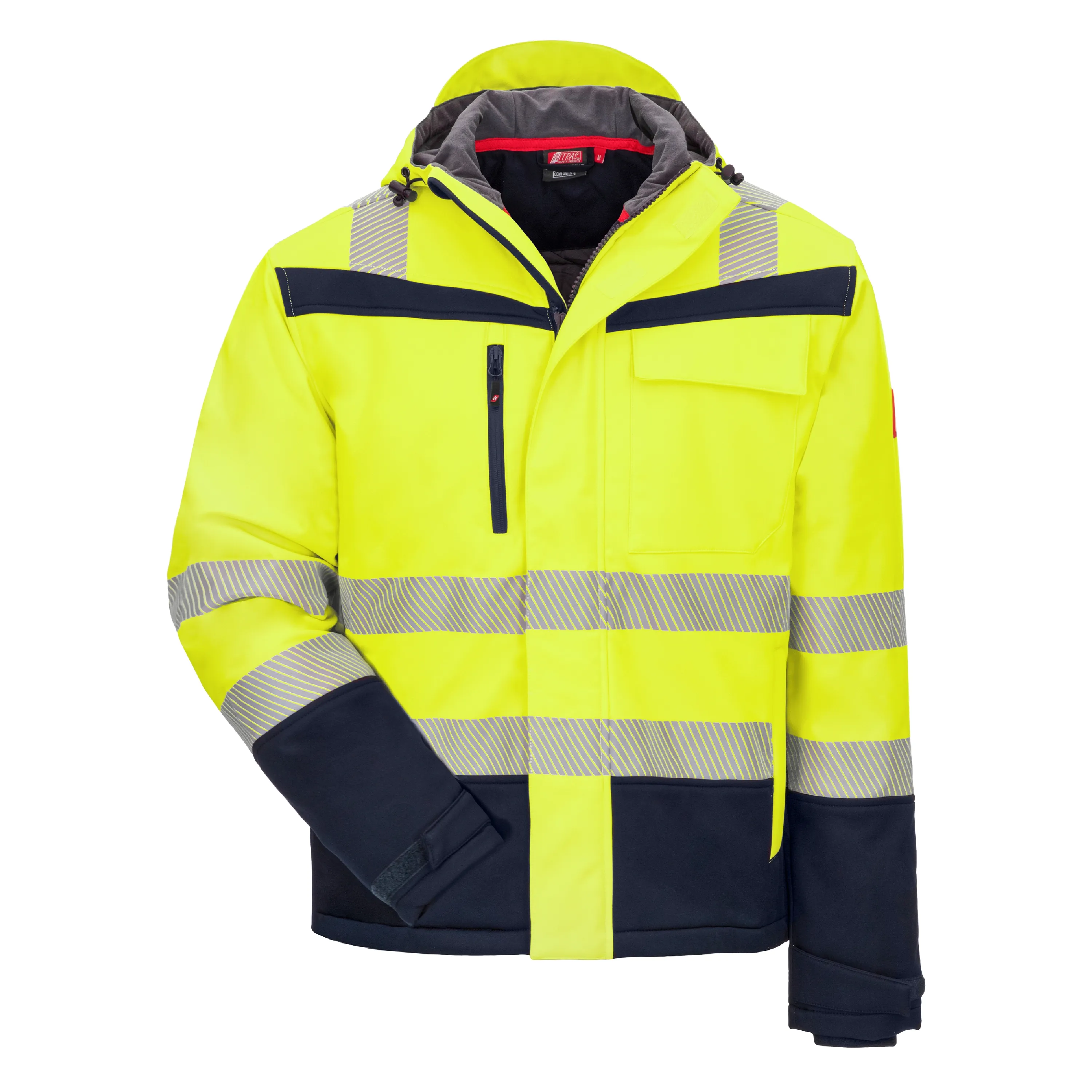Die NITRAS MOTION TEX VIZ PLUS Winterjacke in Neongelb/Marineblau bietet Komfort, Schutz und Sichtbarkeit mit Reflexstreifen, Kapuze und w?rmendem Futter.