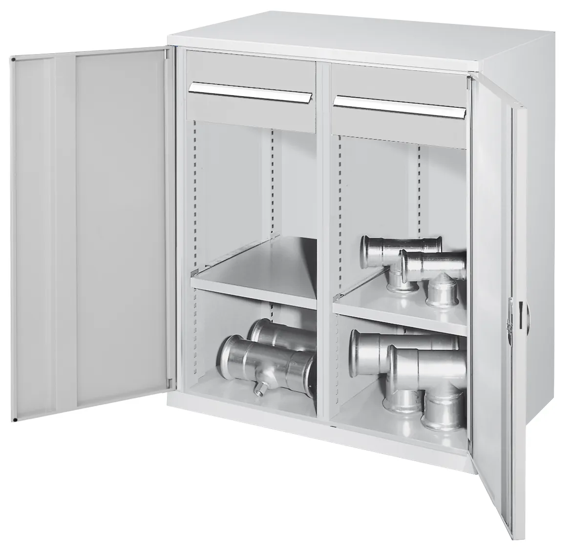 Produktbild des Schwerlast-Beistellschranks Modell 76 von Kappes Systeme GmbH: Robuste Stahlkonstruktion, lichtgrau, mit hoher Belastbarkeit und flexibler Innenausstattung.