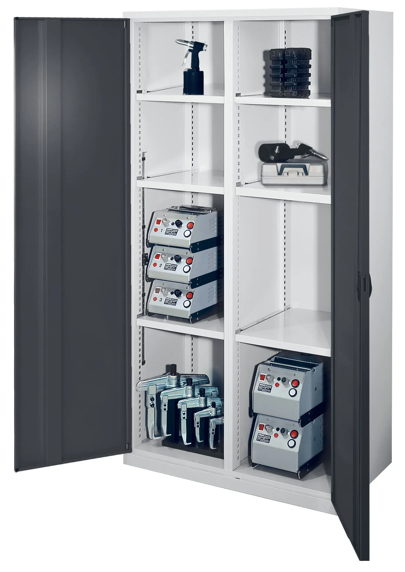 Schwerlastschrank Mod 51 von Kappes Systeme: Robuste Stahlkonstruktion mit Mitteltrennwand, verstellbaren Fachb?den und Sicherheits-Zylinderschloss. Ideal f?r schwere Werkzeuge.