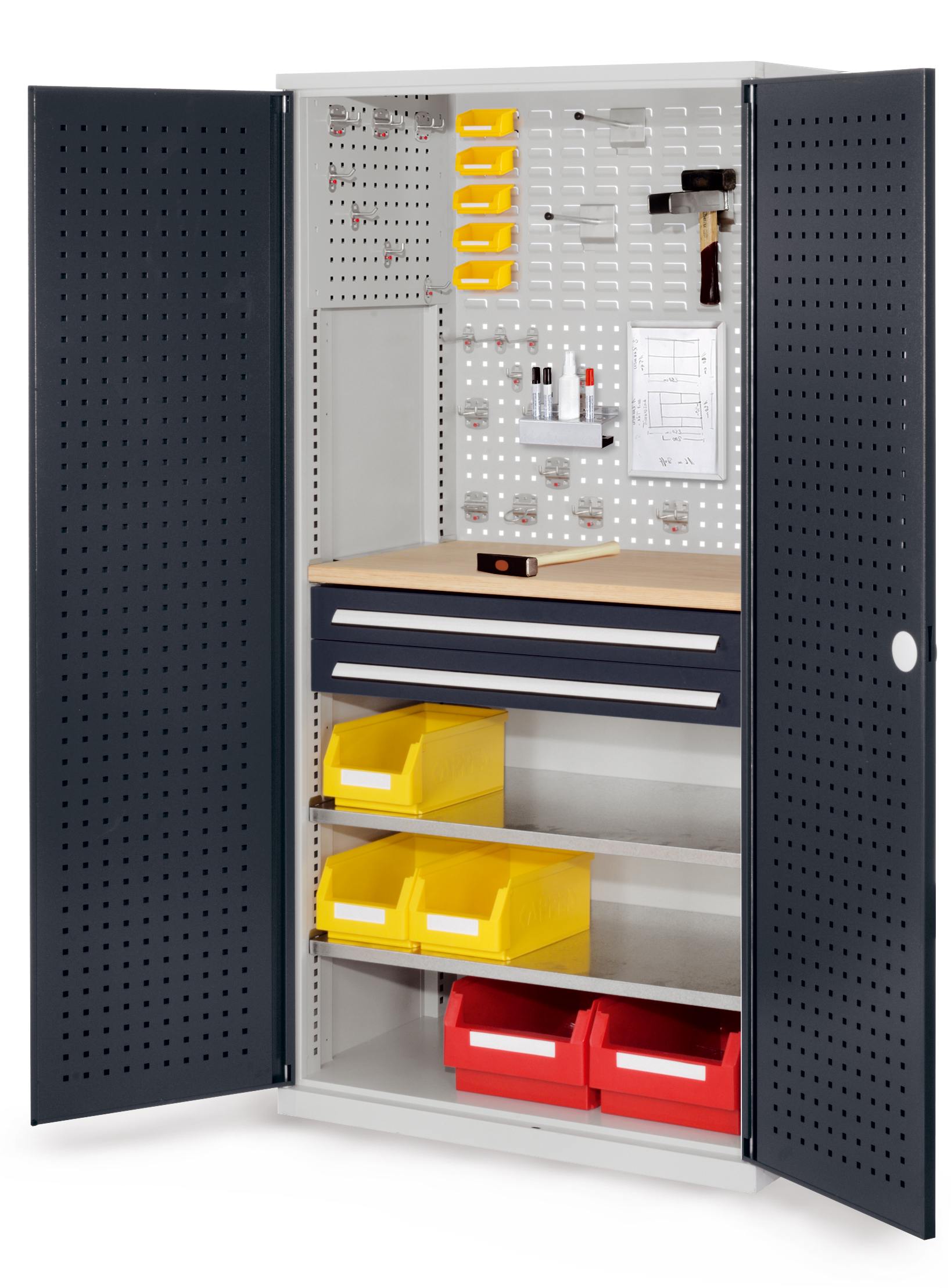 Der RasterPlan Schubladenschrank Modell 14 von Kappes Systeme bietet robuste, flexible Lagerung mit Stahlkonstruktion, verstellbaren Böden und integrierter Werkbank.