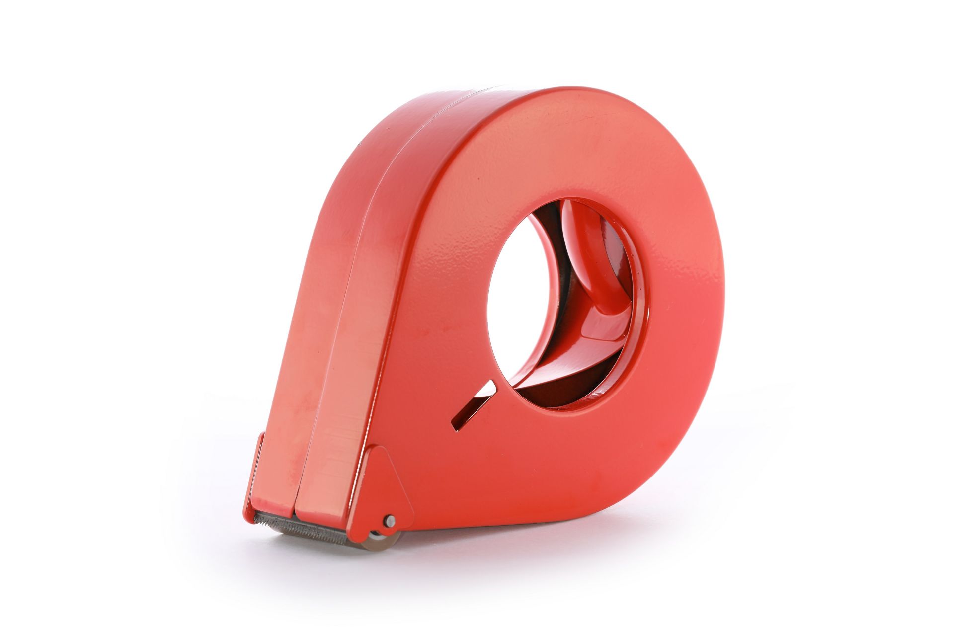 Orangefarbener Handabroller von Traydon GmbH für einseitige Klebebänder, 122 mm Durchmesser, 50 mm Rollenbreite, mit robuster Metallkonstruktion und präziser Schneidklinge.