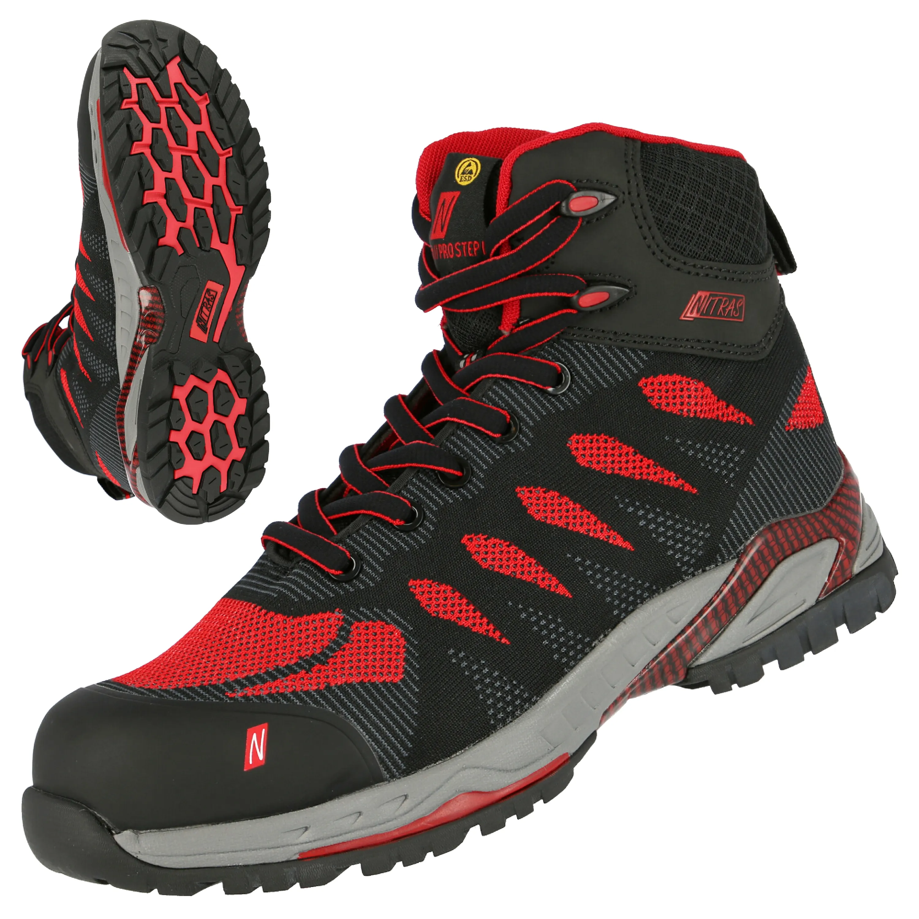 Der NITRAS PRO STEP MID Sicherheitsstiefel in Schwarz/Rot vereint sportliches Design mit Komfort und Schutz durch nahtloses Textil, Fiberglas-Zehenkappe und ergonomische Einlegesohle.
