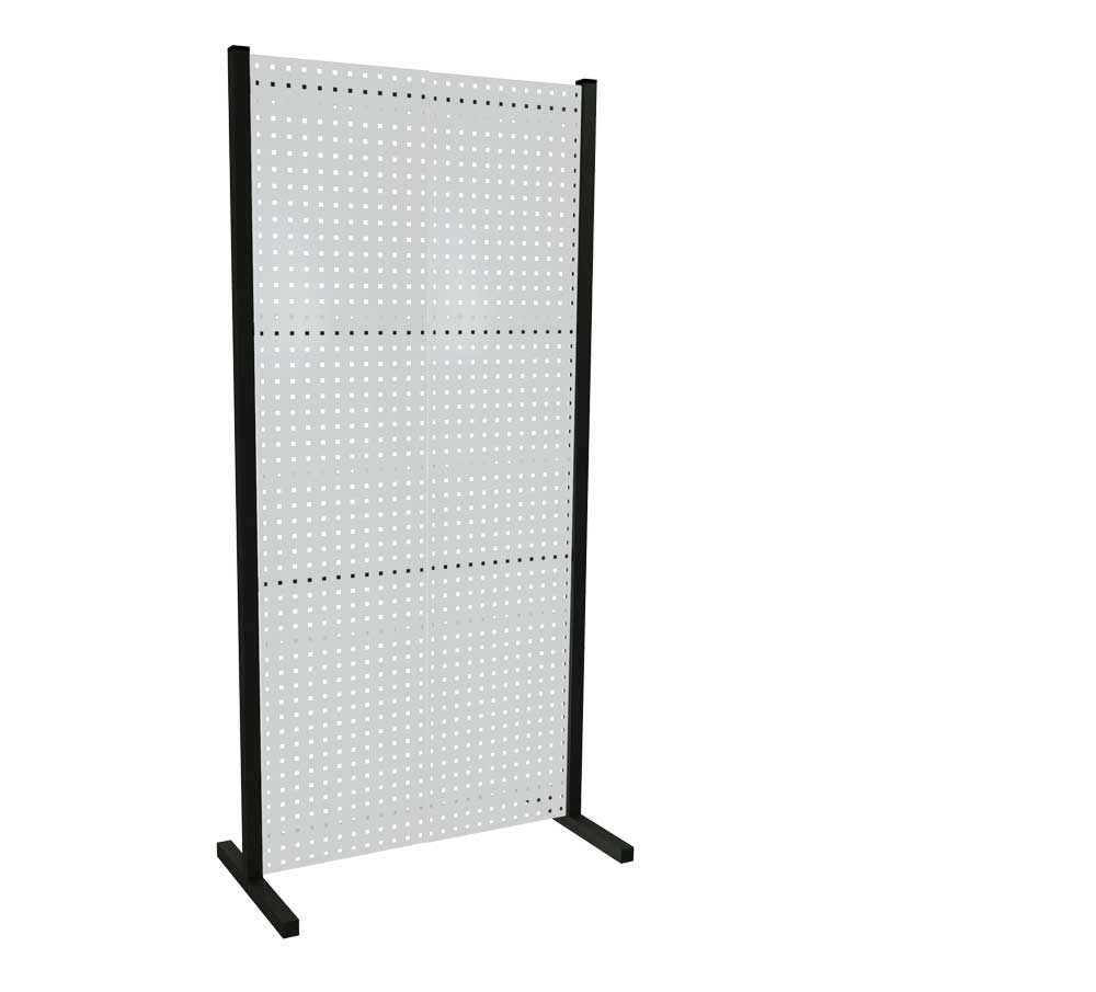 Das ®RasterPlan Trennwand Einzelfeld (L1000 mm, H2000 mm, RAL 7035) mit zwei Lochplatten bietet flexible, ästhetische Raumtrennungslösungen für Arbeitsplätze.