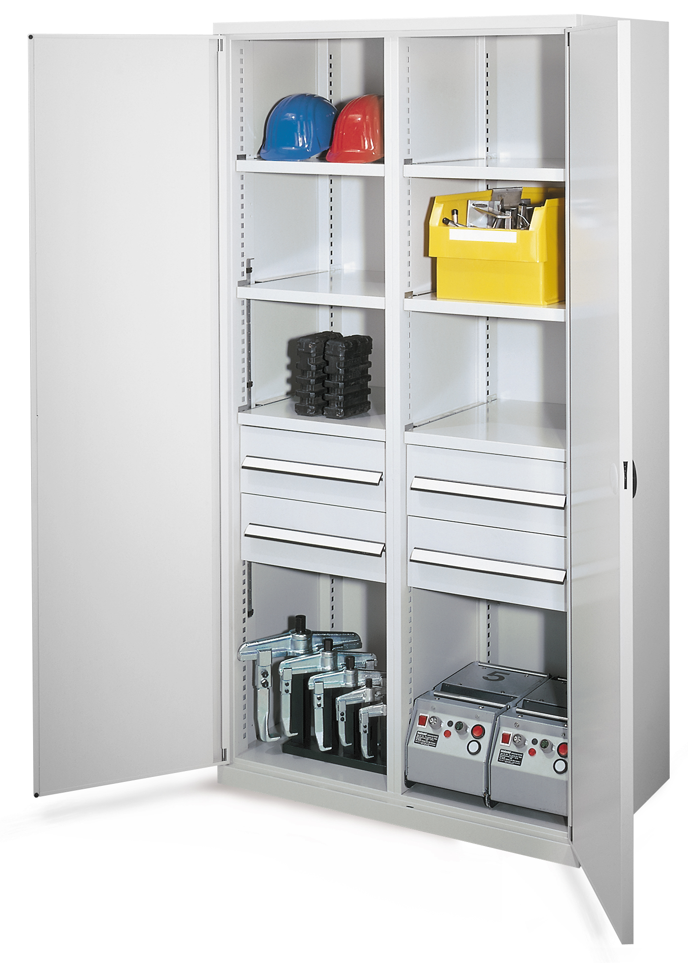 Schwerlastschrank Modell 52 von Kappes Systeme: Robuste Lagerlösung mit Mitteltrennwand, 1950x1000x600 mm, RAL 7035, bis 1,65 Tonnen Tragkraft, ideal für Industrie.