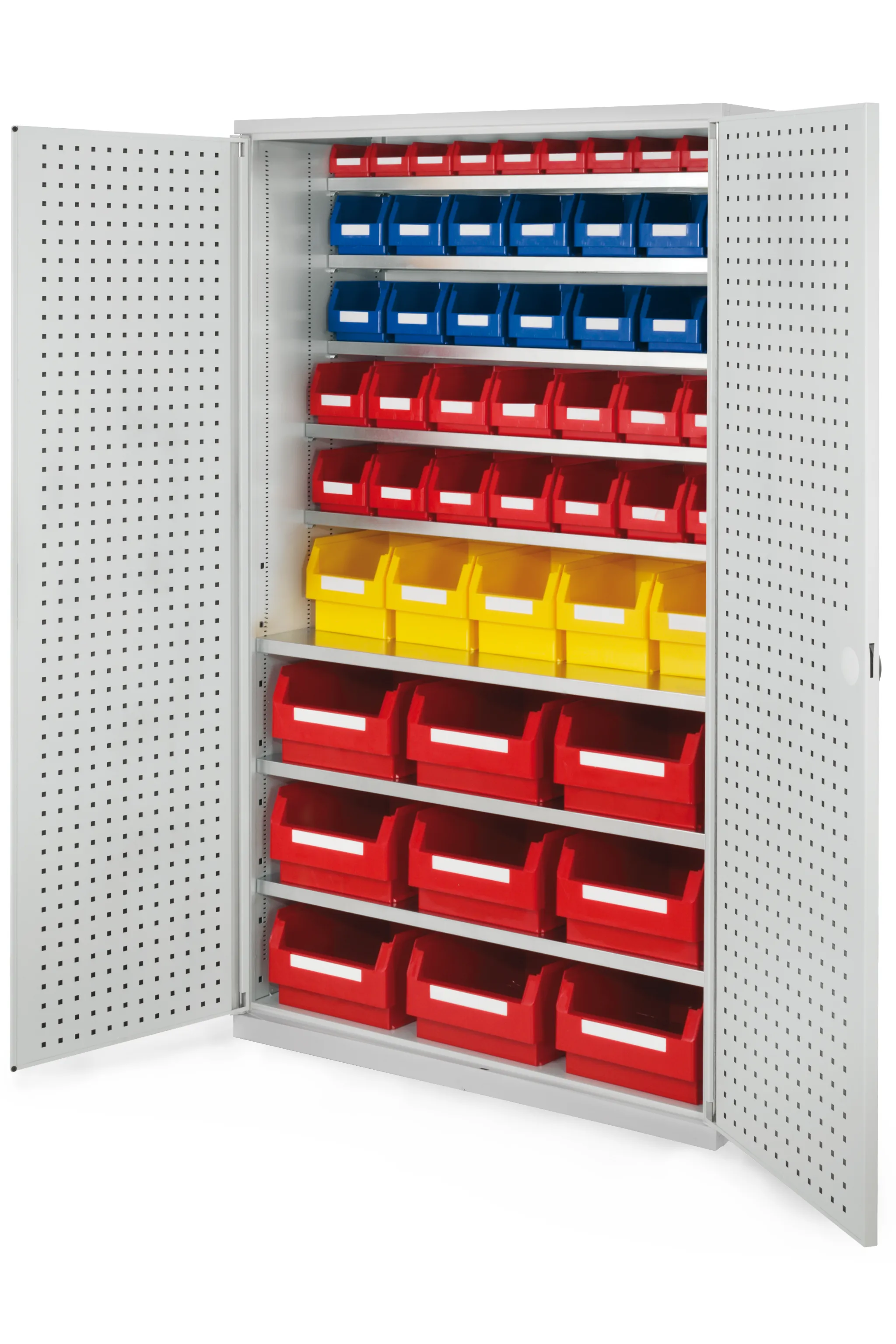 Gro?raumschrank von Kappes Systeme GmbH: Robuste Stahlkonstruktion mit flexiblen Schubladen, Lochplatten und Lagersichtk?sten, lichtgrau beschichtet.