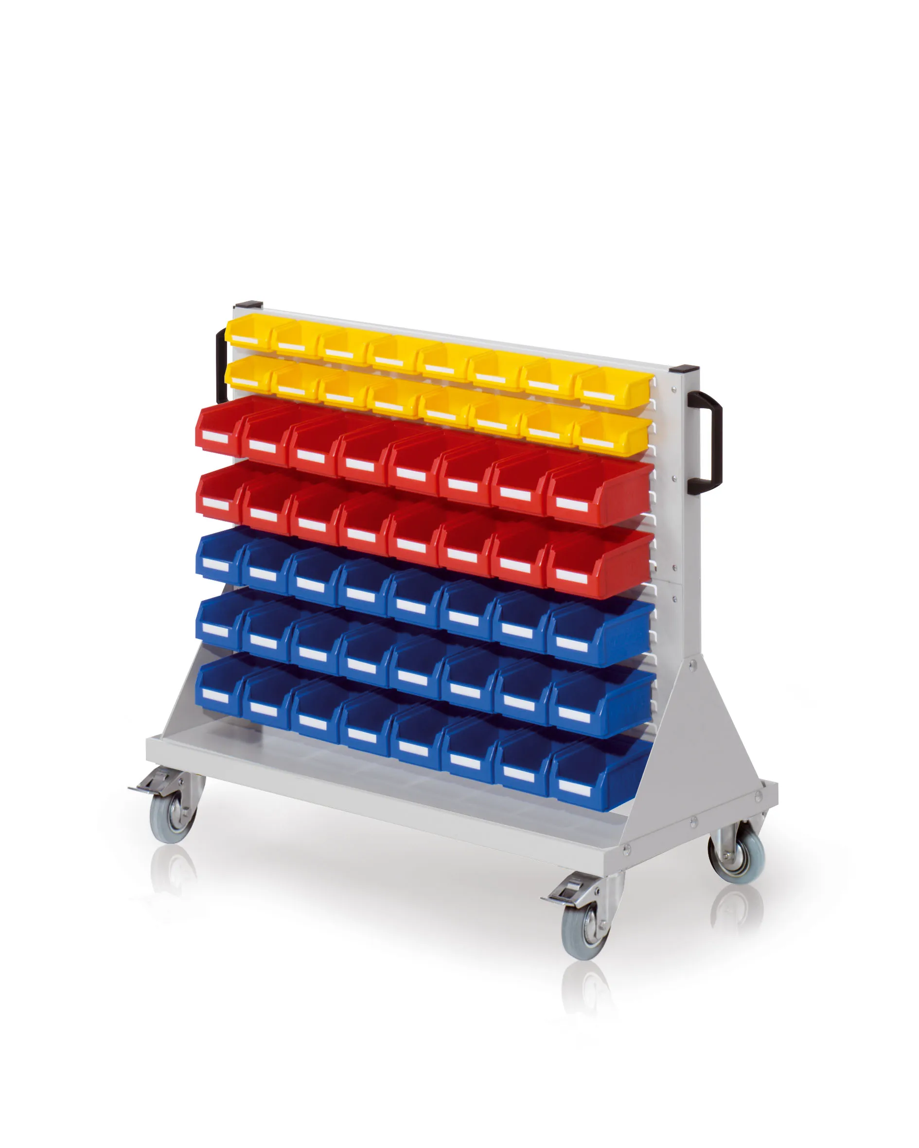 Der RasterMobil Rollwagen E65 von Kappes Systeme: Robuster, lichtgrauer Lagerwagen mit ergonomischen Griffen, ideal für effiziente Materialorganisation und -transport.