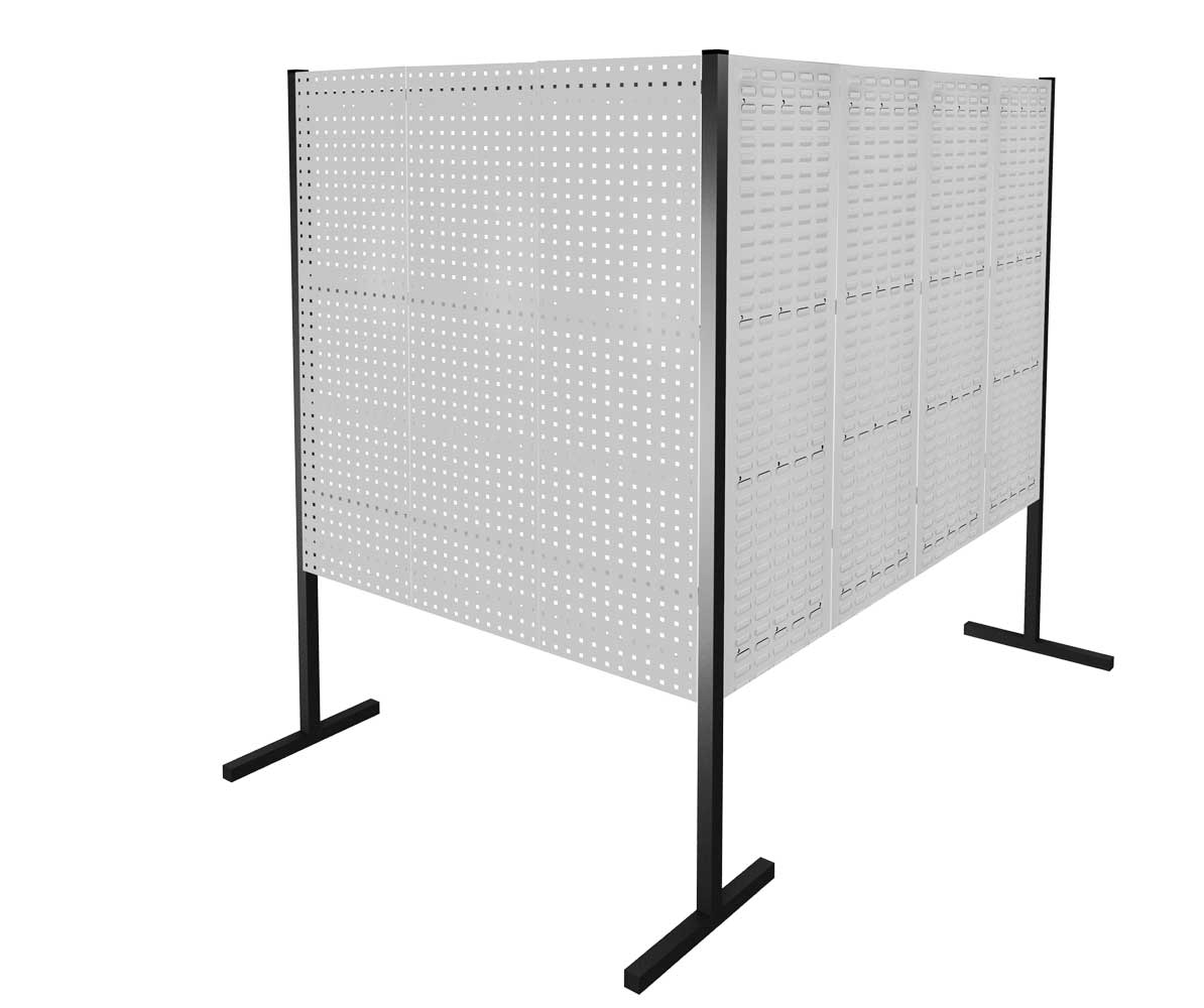 Die ®RasterPlan Trennwand Doppelfeld 90° in RAL 7035 bietet flexible Raumgestaltung mit 4 Loch- und 3 Schlitzplatten, ideal für industrielle Anwendungen.