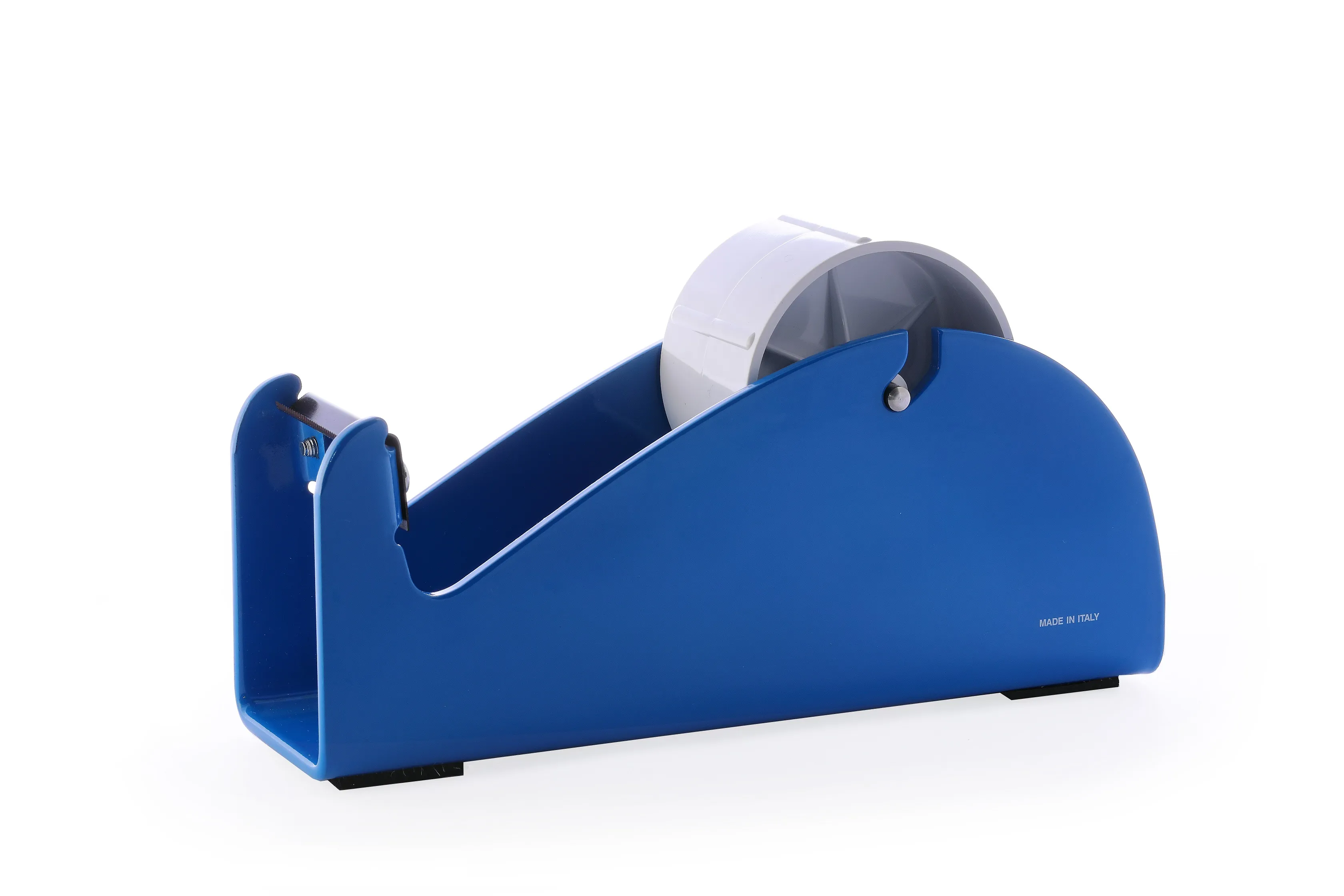 Blauer Tischabroller von Traydon für PVC- und PP-Klebebänder, robust und stabil, mit austauschbarer Klinge, 145 mm Durchmesser, 50 mm Bandbreite.