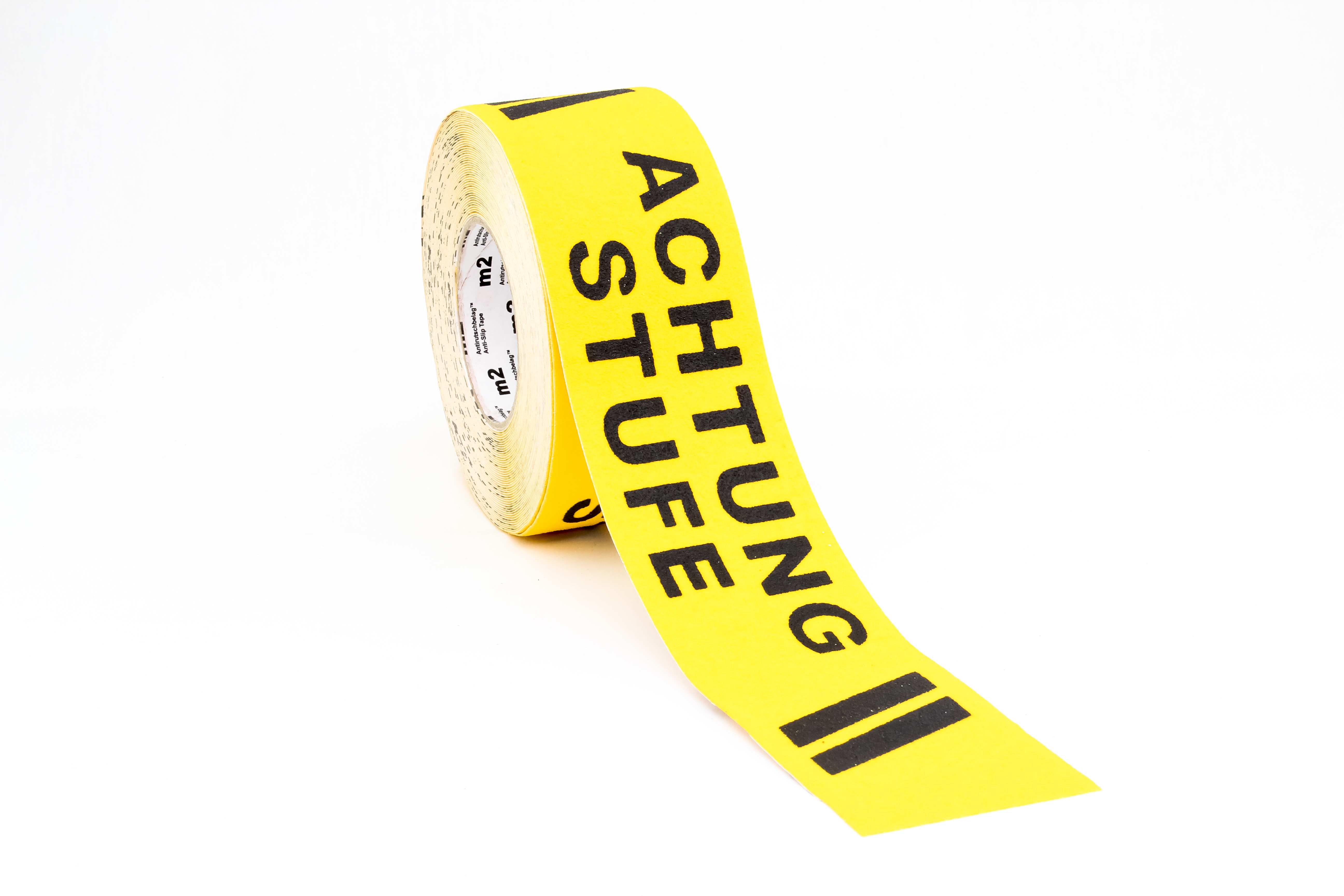 m2-Antirutschbelag Warnmarkierung schwarz/gelb mit Text "Achtung Stufe" Rolle 75mm x 18,3m