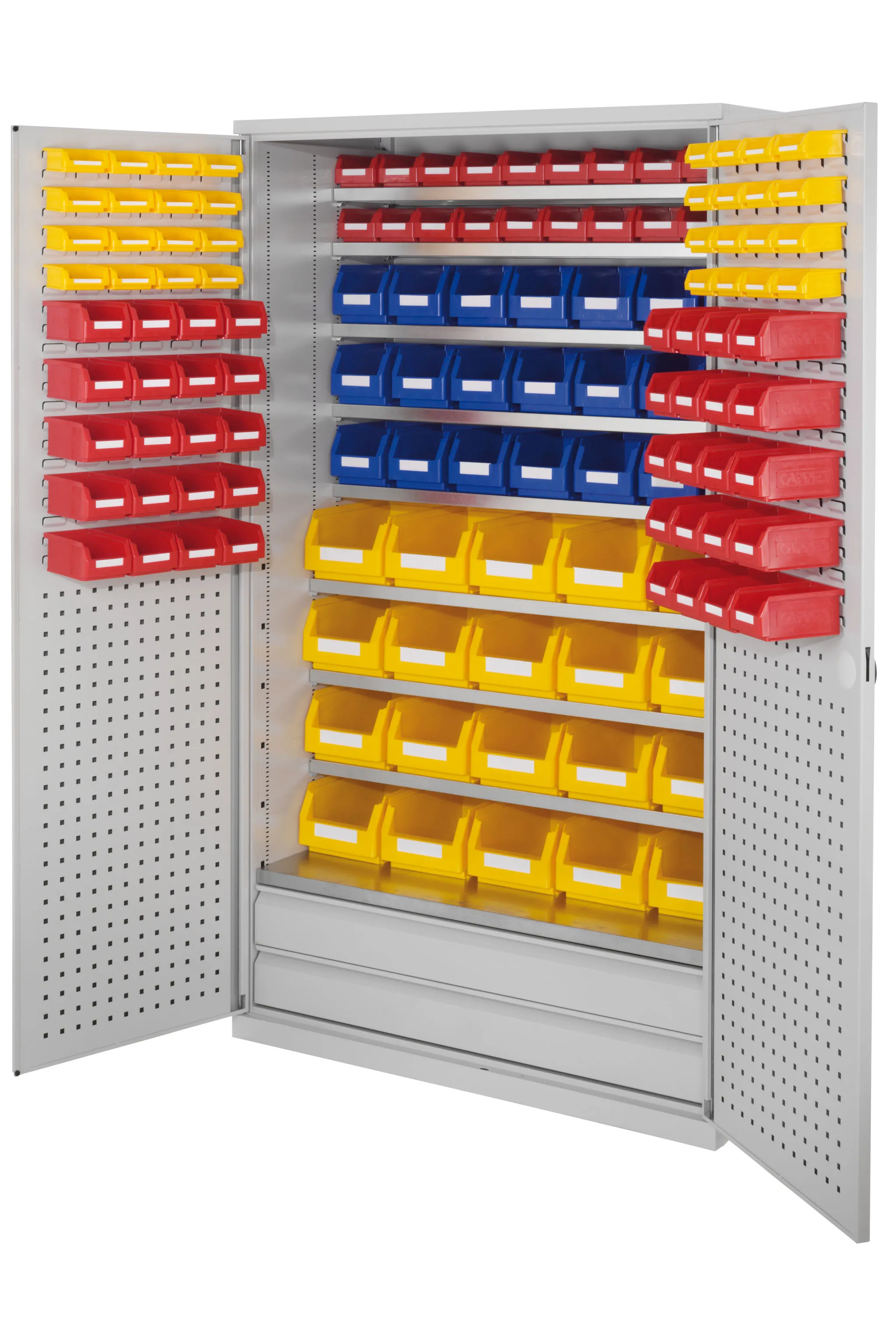 Der lichtgraue Großraumschrank Modell 24 von Kappes Systeme bietet flexible Organisation mit Schlitz-/Lochplatten, robustem Stahlbau und sicherem Zylinderschloss.