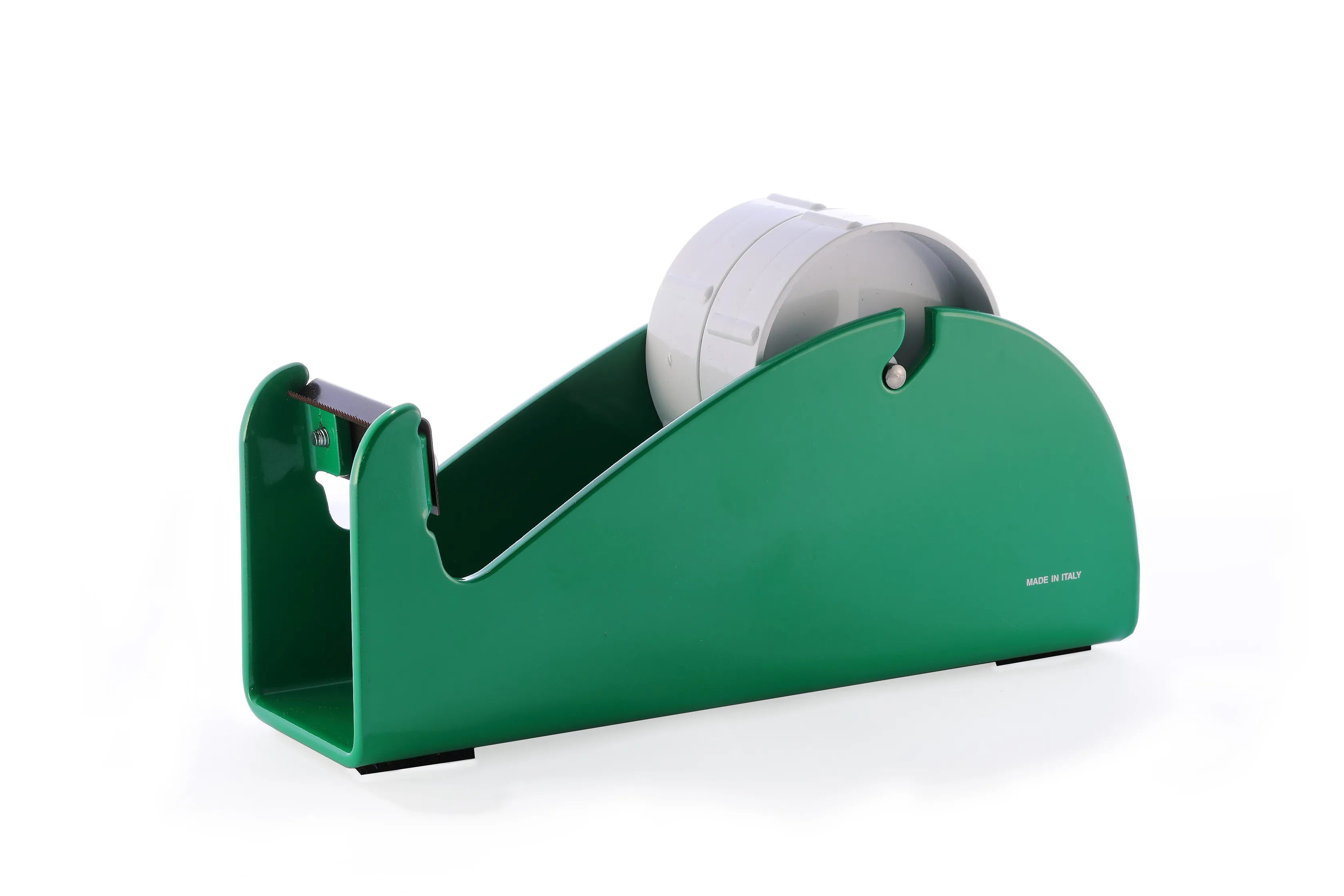 Grüner Tischabroller von Traydon für PVC- und PP-Klebebänder, mit robustem Metallkörper, Doppelrollen und austauschbarer Klinge, ideal für Büro und Versand.