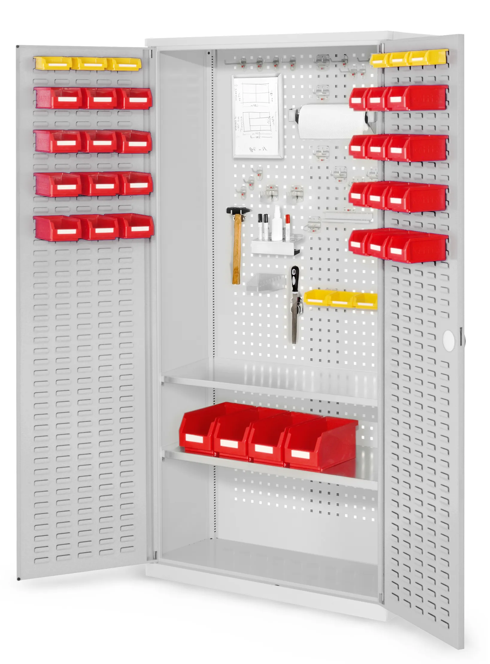 Der lichtgraue ®RasterPlan Werkzeugschrank Modell 5 410 von Kappes Systeme bietet flexible Werkzeugaufbewahrung mit robustem Stahlbau und sicherem Zylinderschloss.