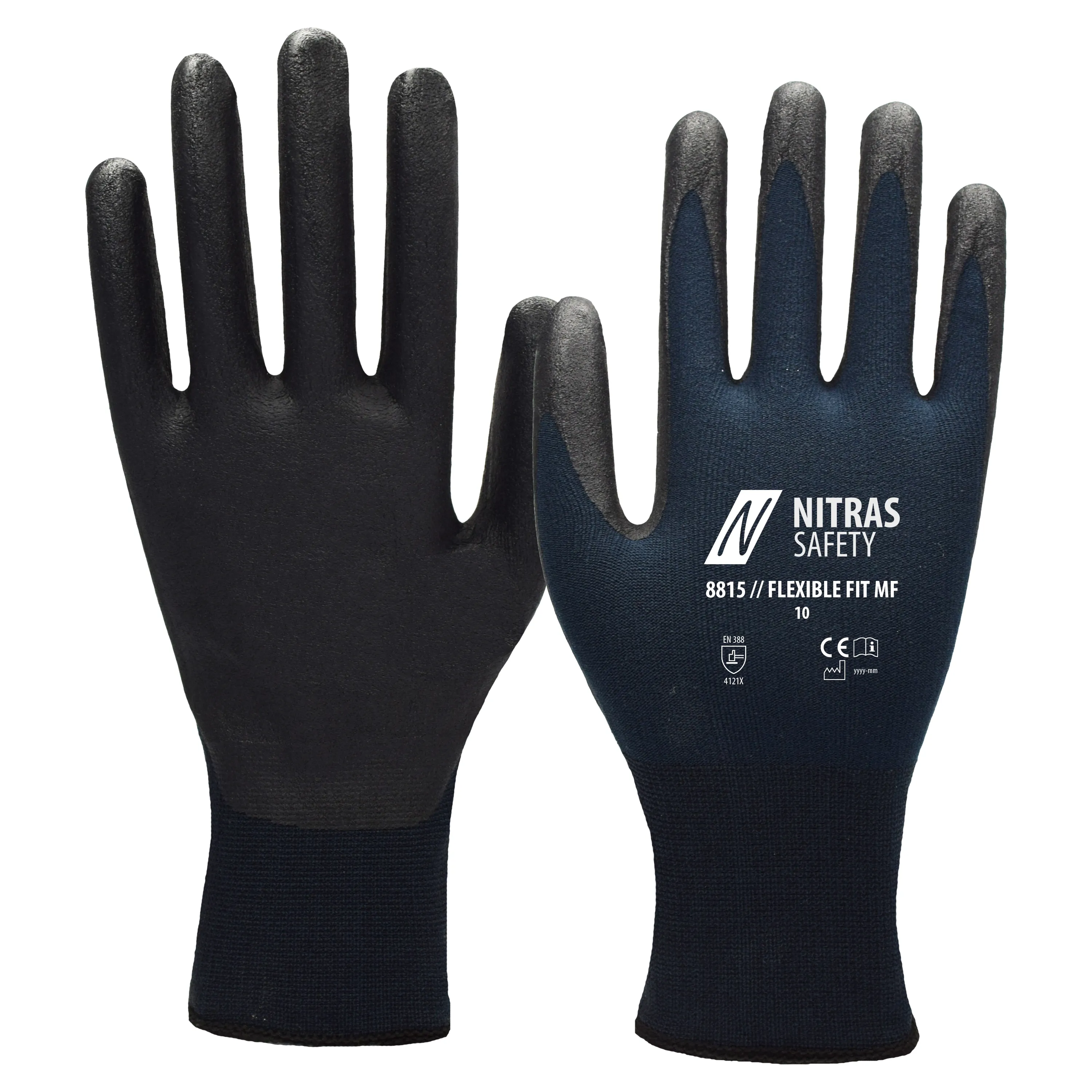 Produktbild der NITRAS FLEXIBLE FIT MF Strickhandschuhe: Dunkelblau/Schwarz, KYORENE?-Garn, Nitrilschaum-Beschichtung, hitzebest?ndig bis 100?C, EN 388 zertifiziert.