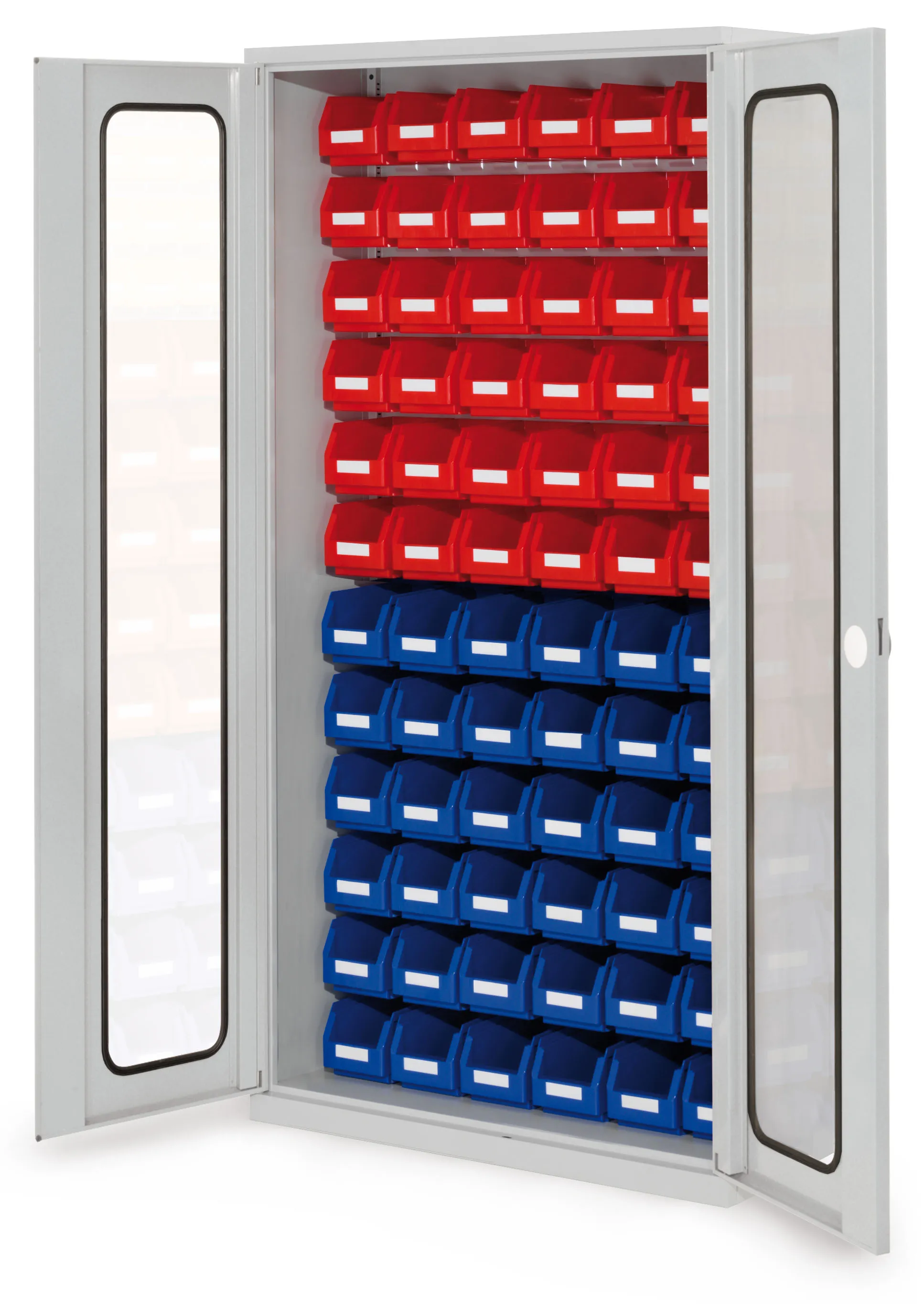 Der RasterPlan Schlitzplattenschrank von Kappes Systeme, Modell 54, bietet mit Sichtfenstert?ren und 72 K?sten eine robuste und flexible Lagerl?sung.