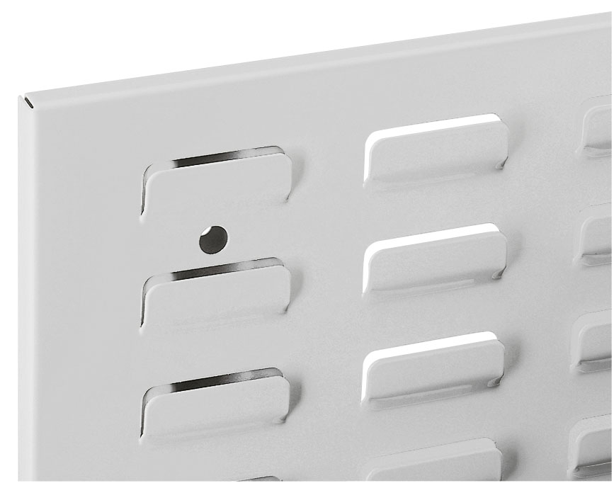 Die ®RasterPlan Schlitzplatte in Lichtgrau (2000x450 mm) bietet flexible Organisation mit robustem Stahl, kompatibel mit Universalhaltern und Lagersichtkästen.