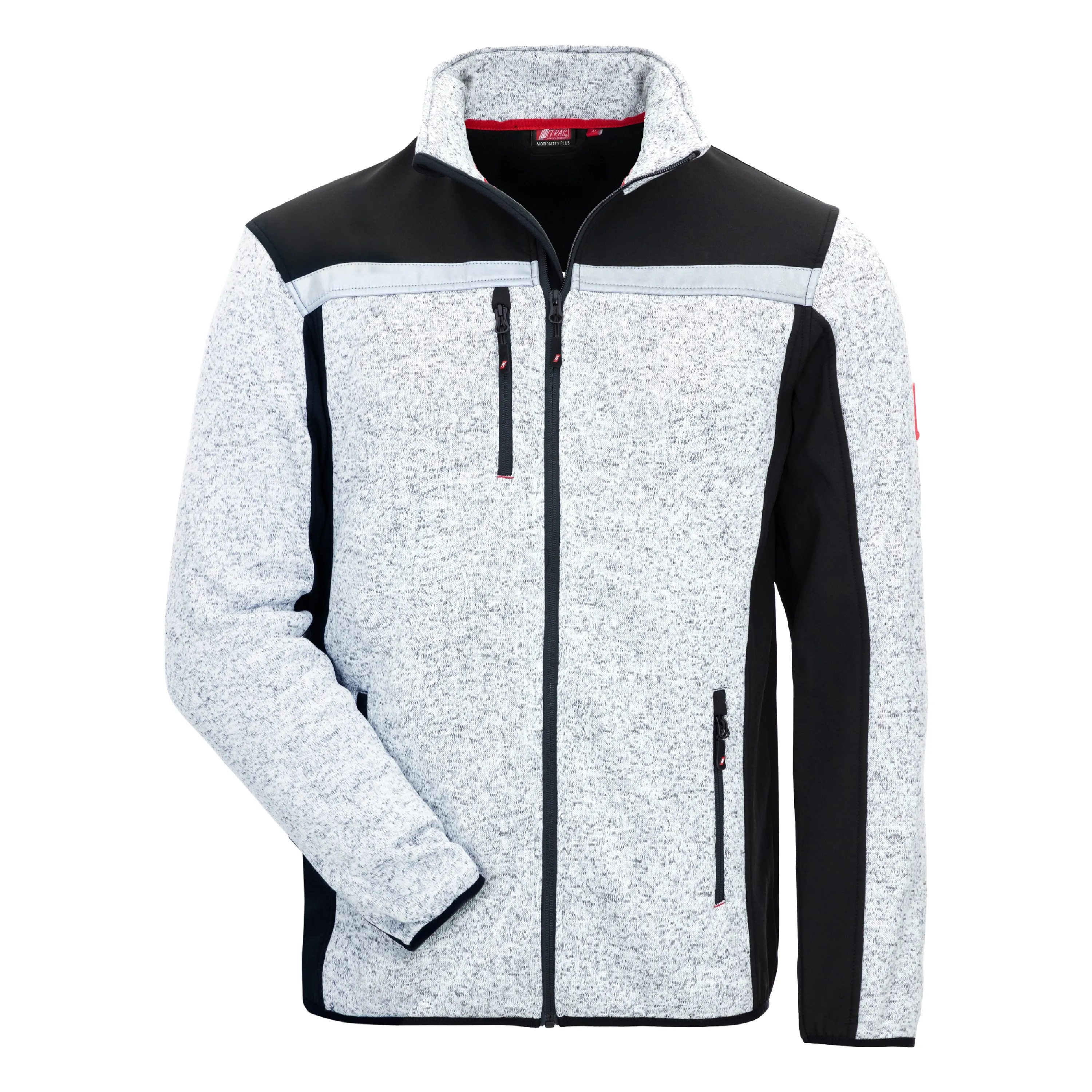 Die NITRAS MOTION TEX PLUS Strick-Softshelljacke in hellgrau/schwarz bietet atmungsaktiven Komfort, sportliches Design und perfekte Passform f?r Arbeit und Freizeit.
