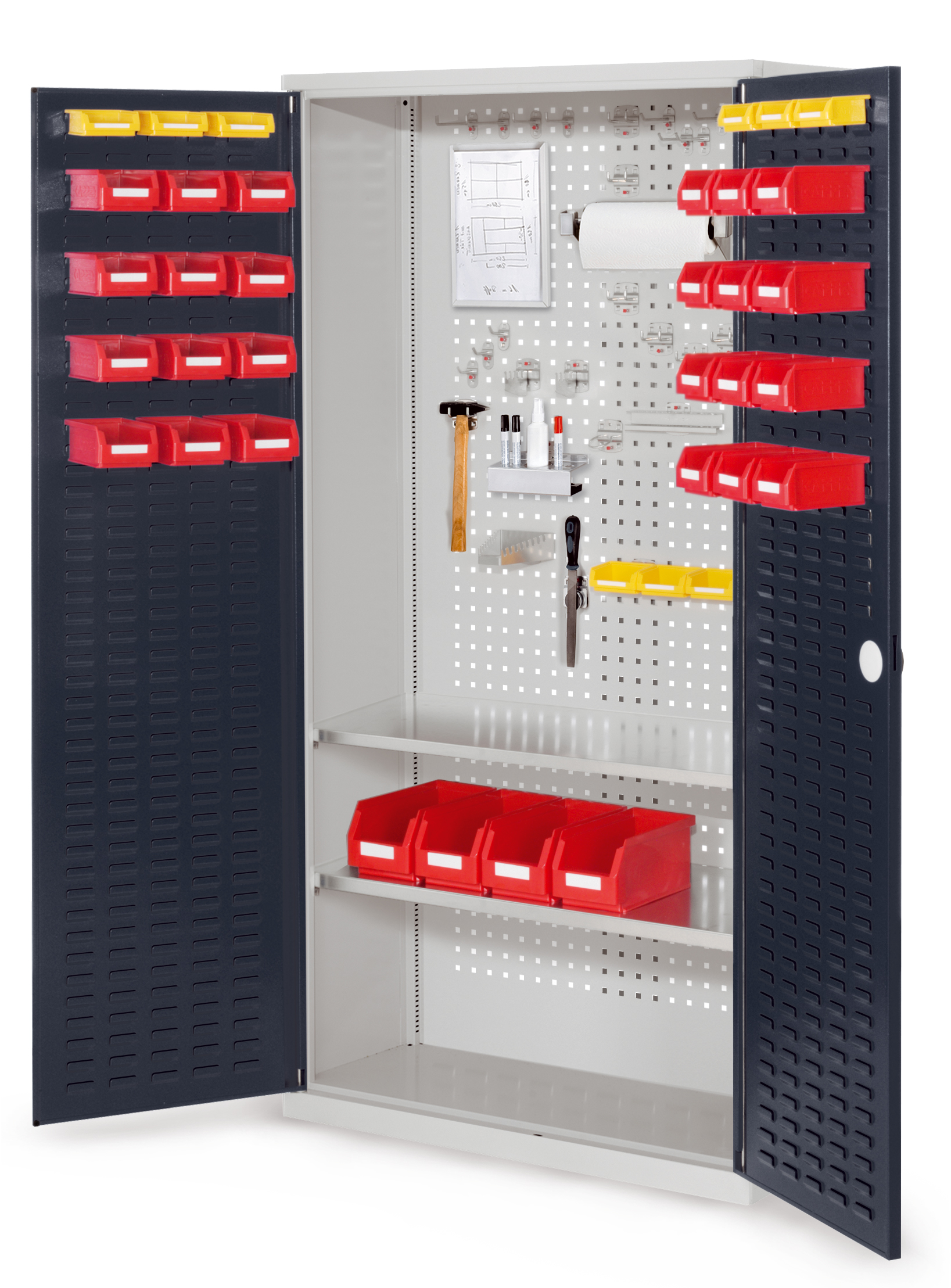 Der RasterPlan Werkzeugschrank Modell 5 410 von Kappes Systeme bietet sichere Aufbewahrung mit robustem Stahl, verstellbaren Böden und einem Sicherheits-Zylinderschloss.