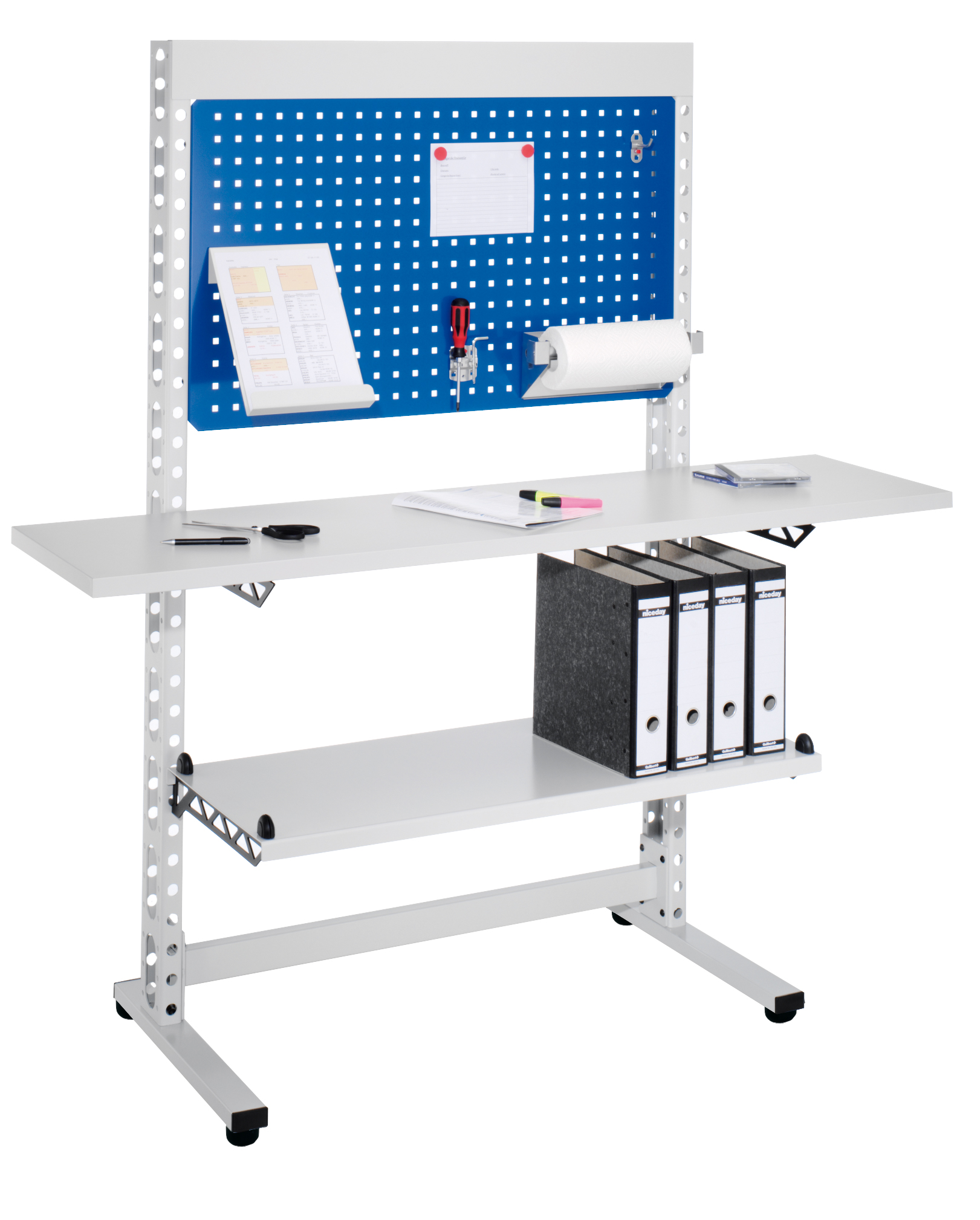 ErgoPlus Steharbeitsplatz von Kappes: Robuste, flexible Arbeitsstation in Lichtgrau/Enzianblau, ideal f?r ergonomisches Arbeiten im Stehen. Ma?e: H1770 x B1070 mm.