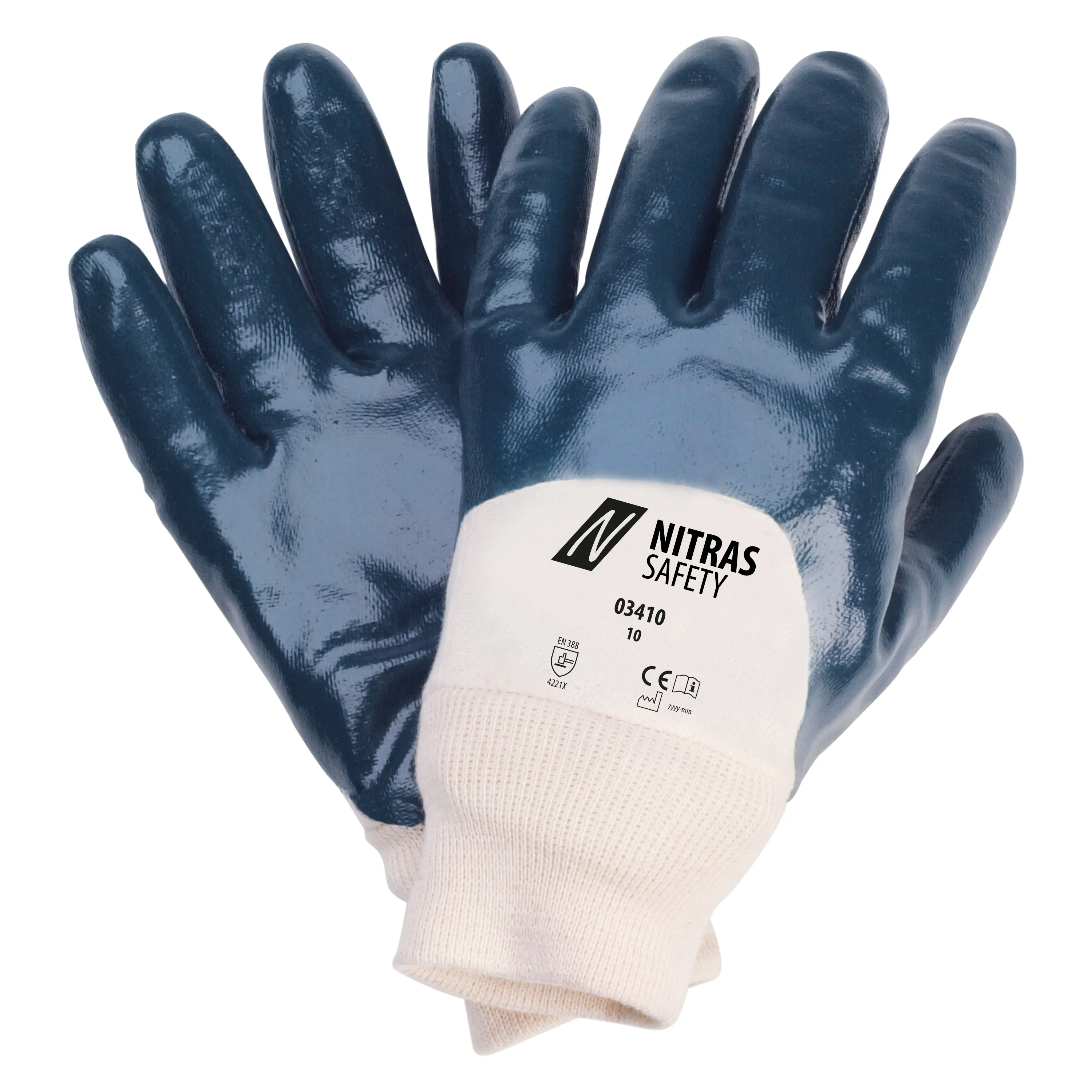 NITRAS Nitrilhandschuhe bieten Schutz und Komfort mit blauer Nitril-Beschichtung und naturfarbenem Baumwoll-Jersey, ideal für anspruchsvolle Arbeitsumgebungen.