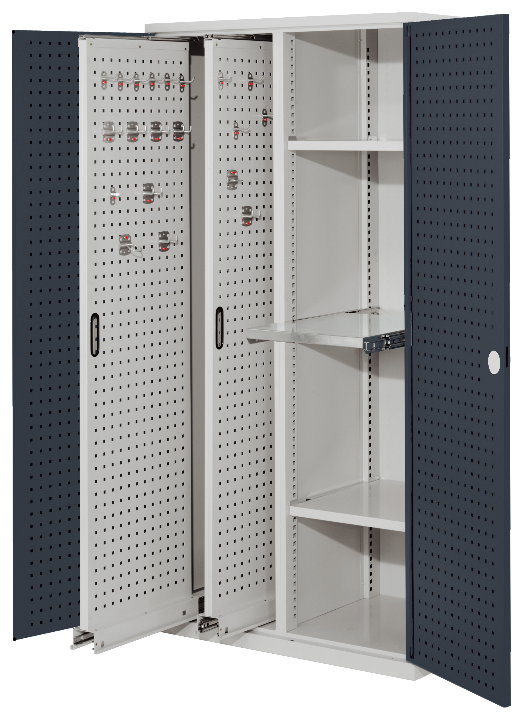 Produktbild des RasterPlan Vertikalschranks Modell 84 von Kappes Systeme GmbH: Robuster Stahlschrank mit flexibler Innenausstattung für effiziente Werkzeuglagerung.