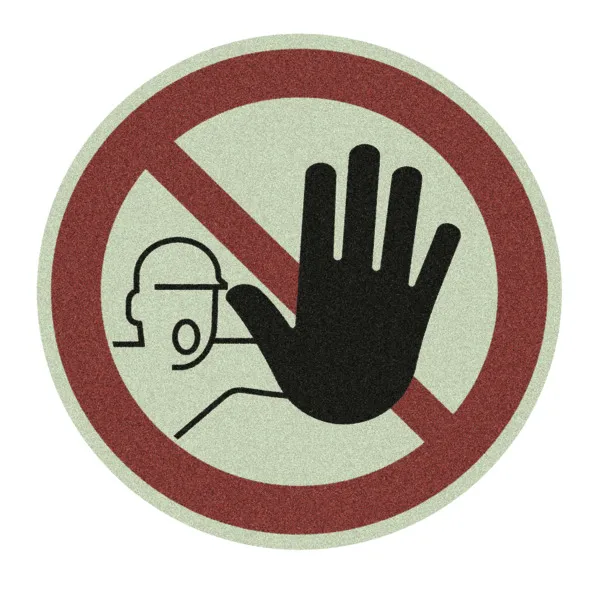Nachleuchtender Antirutschbelag von Mehlhose: 400mm Kreis mit „Unbefugte verboten“-Symbol, bietet Sicherheit und Haltbarkeit für stark frequentierte Bereiche.