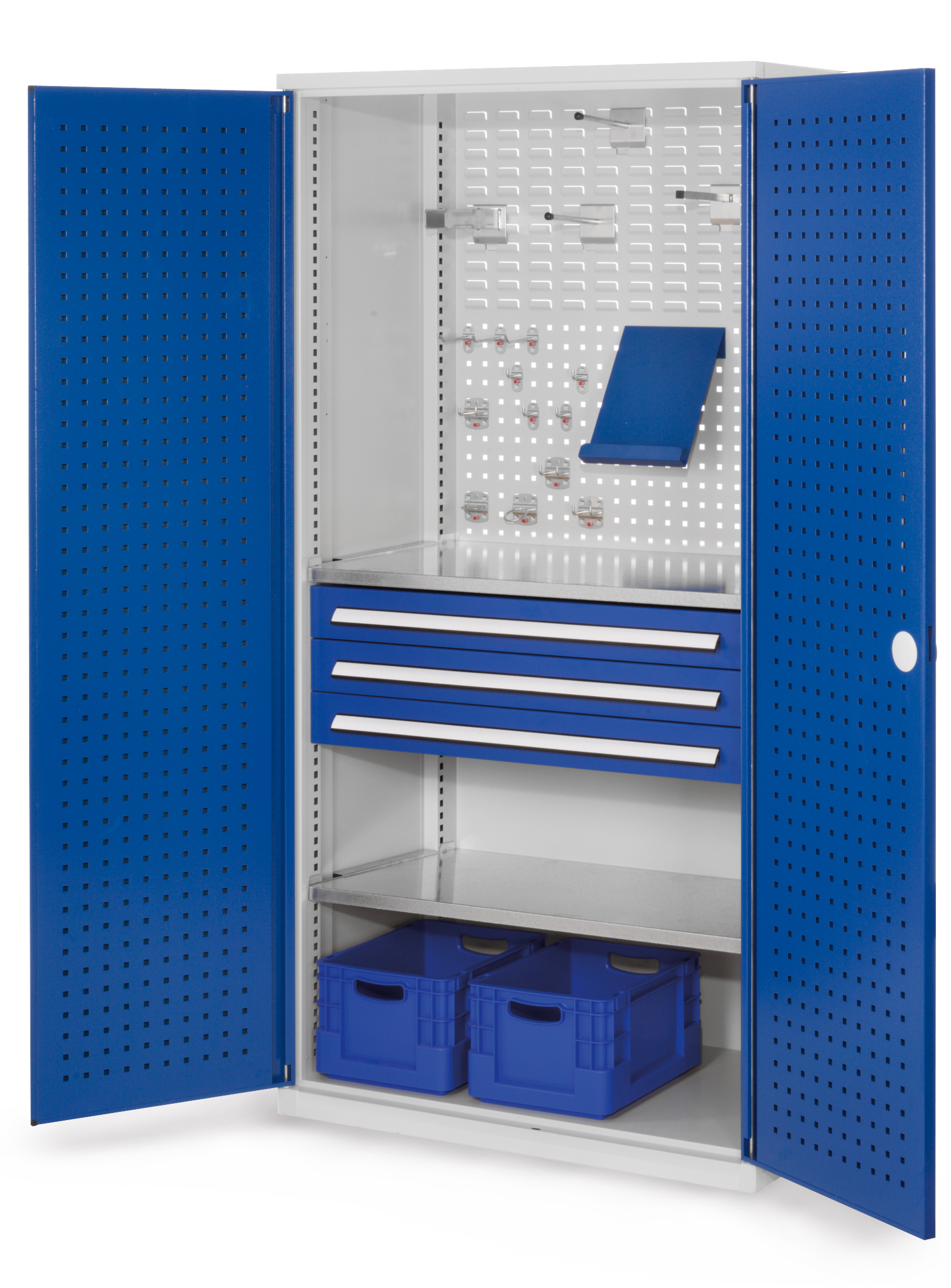 Der RasterPlan Schubladenschrank Modell 12 von Kappes bietet robuste Lagerungslösungen mit Lochplatten, drei Schubladen und verzinkten Fachböden. Ideal für Werkstätten.