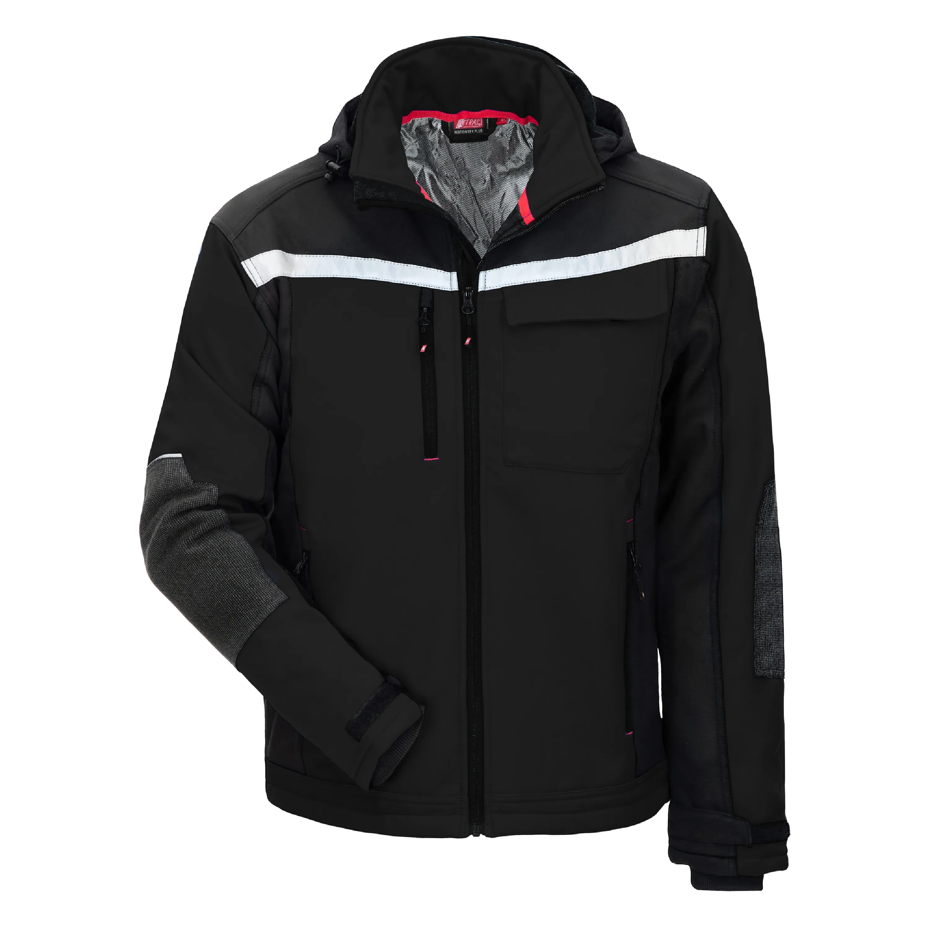Die NITRAS MOTION TEX PLUS Softshelljacke in Schwarz bietet Komfort und Schutz mit wasser- und windabweisendem Material, verstellbaren Details und Reflexelementen.