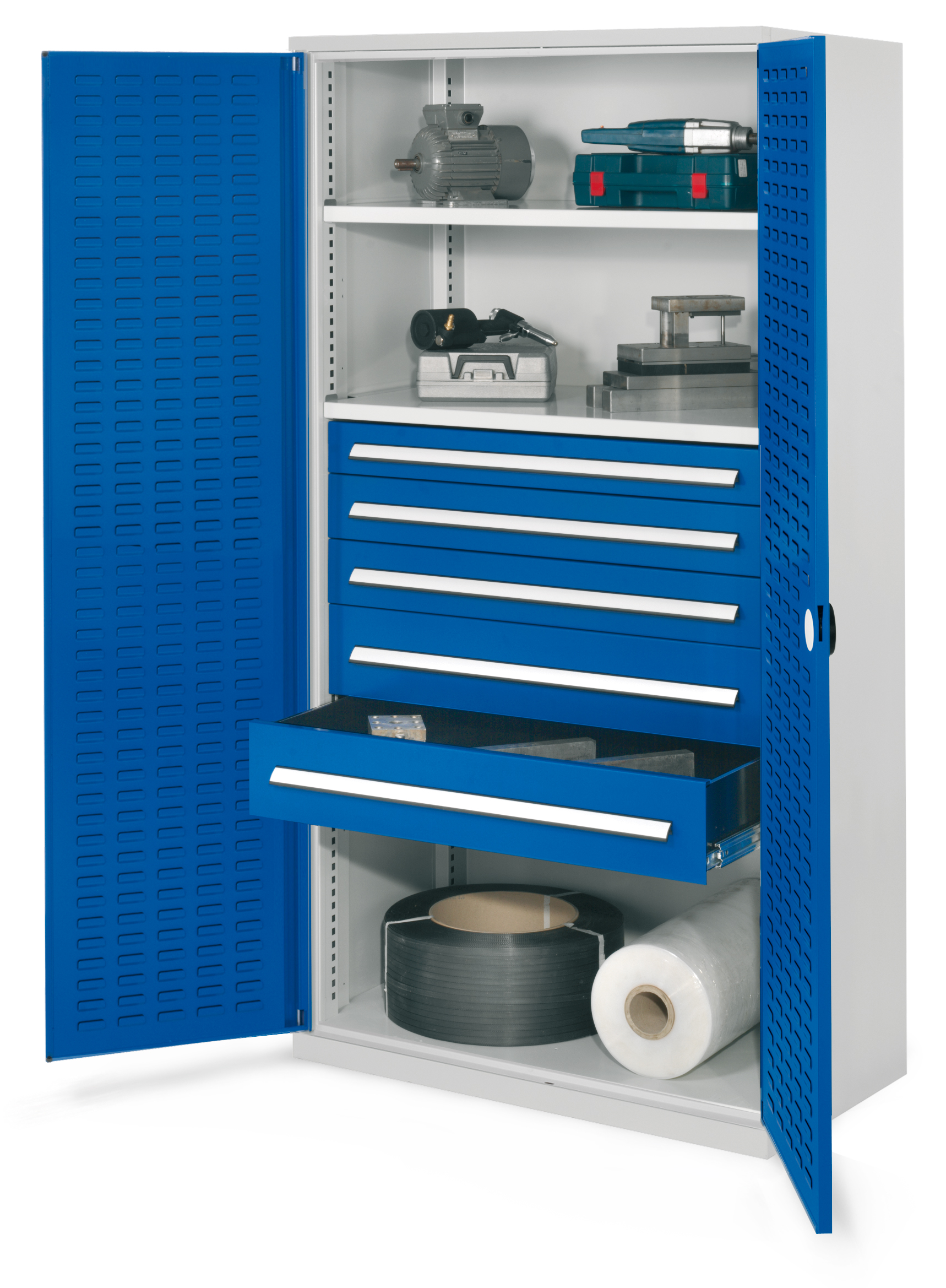 Schwerlastschrank von Kappes Systeme GmbH, Modell 44, lichtgrau/blau, 1950x1000x600 mm. Robuste Stahlkonstruktion, hohe Tragkraft, verstellbare Fachböden, sichere Schließung.