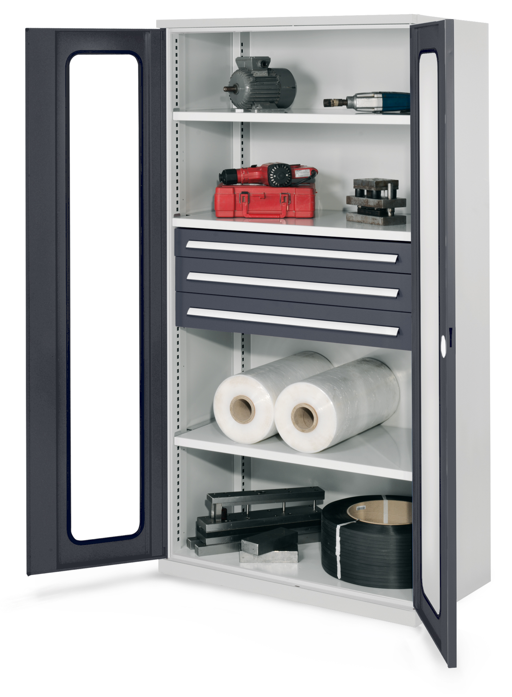 Schwerlastschrank Modell 43 von Kappes Systeme: Robuster Stahlschrank mit Sichtfenstertüren, 3 Fachböden, 3 Schubladen, Tragkraft bis 1,65 t, in RAL 7035/7016.