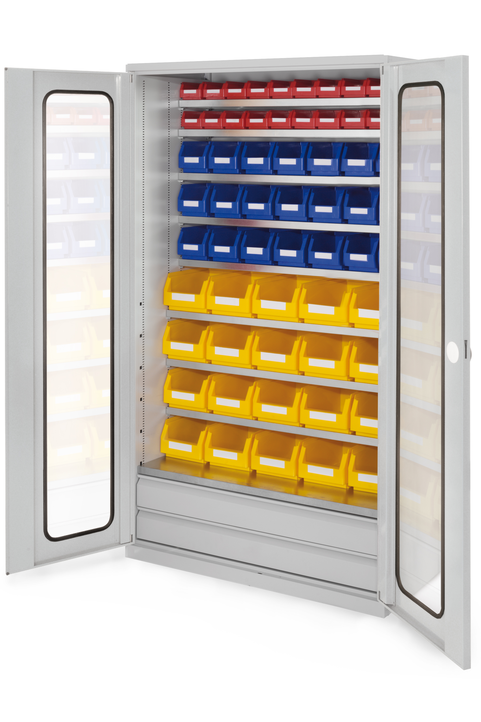 Großraumschrank Modell 24 RAL 7035 1950 x 1130 x 590 mm. Sichtfenstertüren 2 Schubladen unten inklusiv Lagersichtkasten 20 x Größe 4 21 x Größe 6 20 x Größe 7.