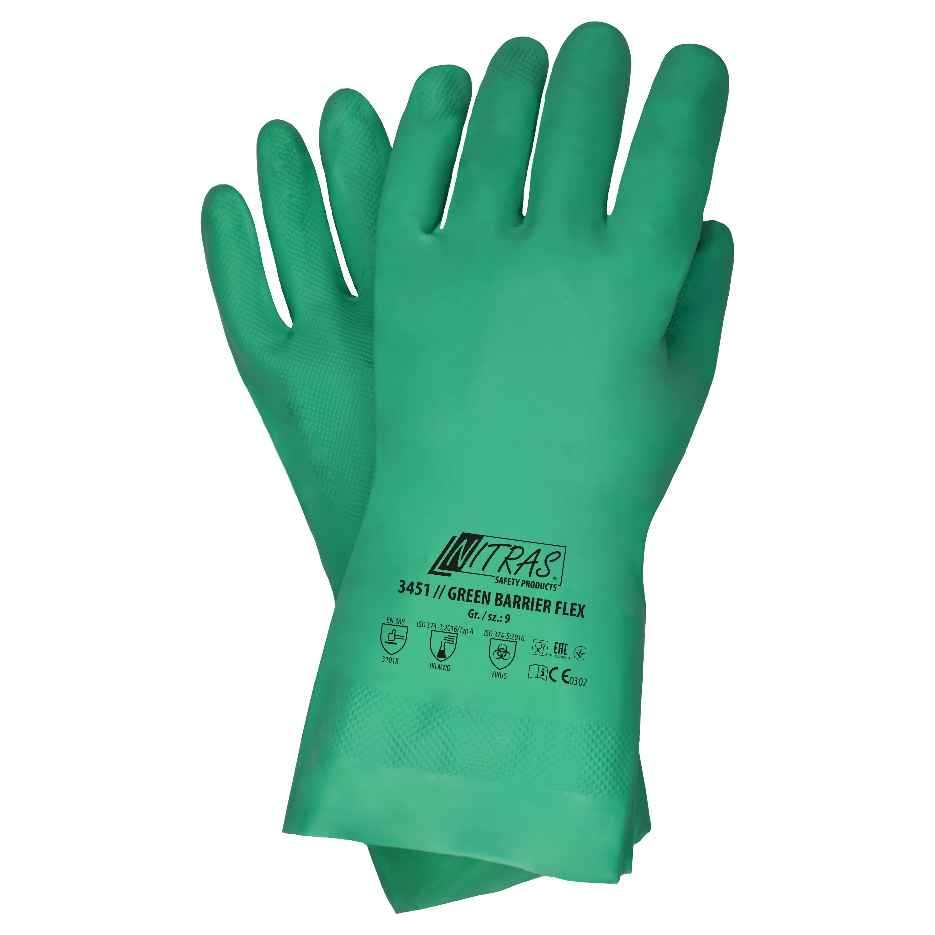 NITRAS GREEN BARRIER FLEX Chemikalienschutzhandschuhe aus grünem Nitril, 33 cm lang, bieten Schutz vor Mikroorganismen und sind ideal für den Lebensmittelkontakt.