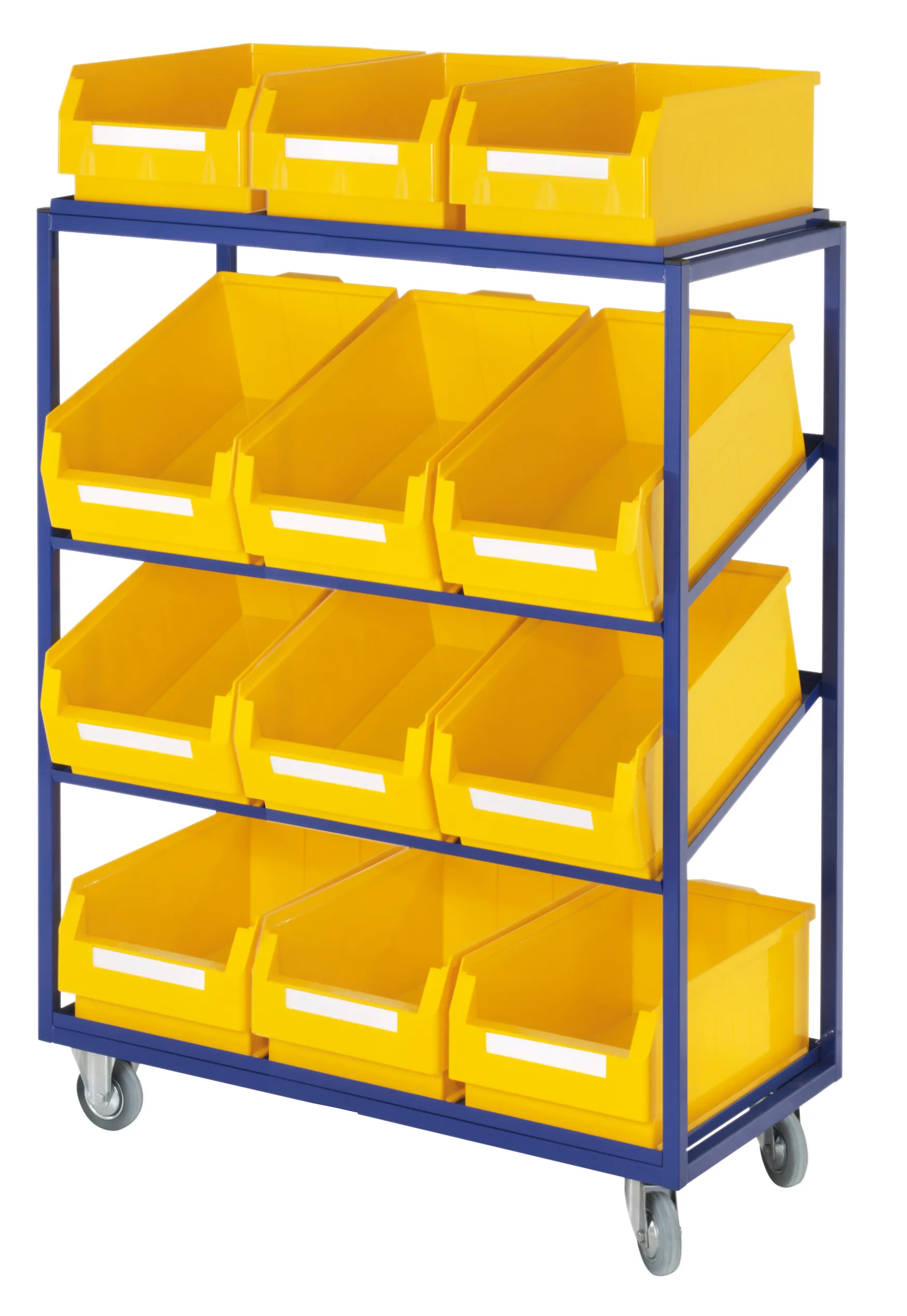 Der Beistell- und Kommissionierwagen Modell 24 von Kappes Systeme in Enzianblau bietet robuste Stahlkonstruktion, flexible Fachböden und spurlos rollende Räder.