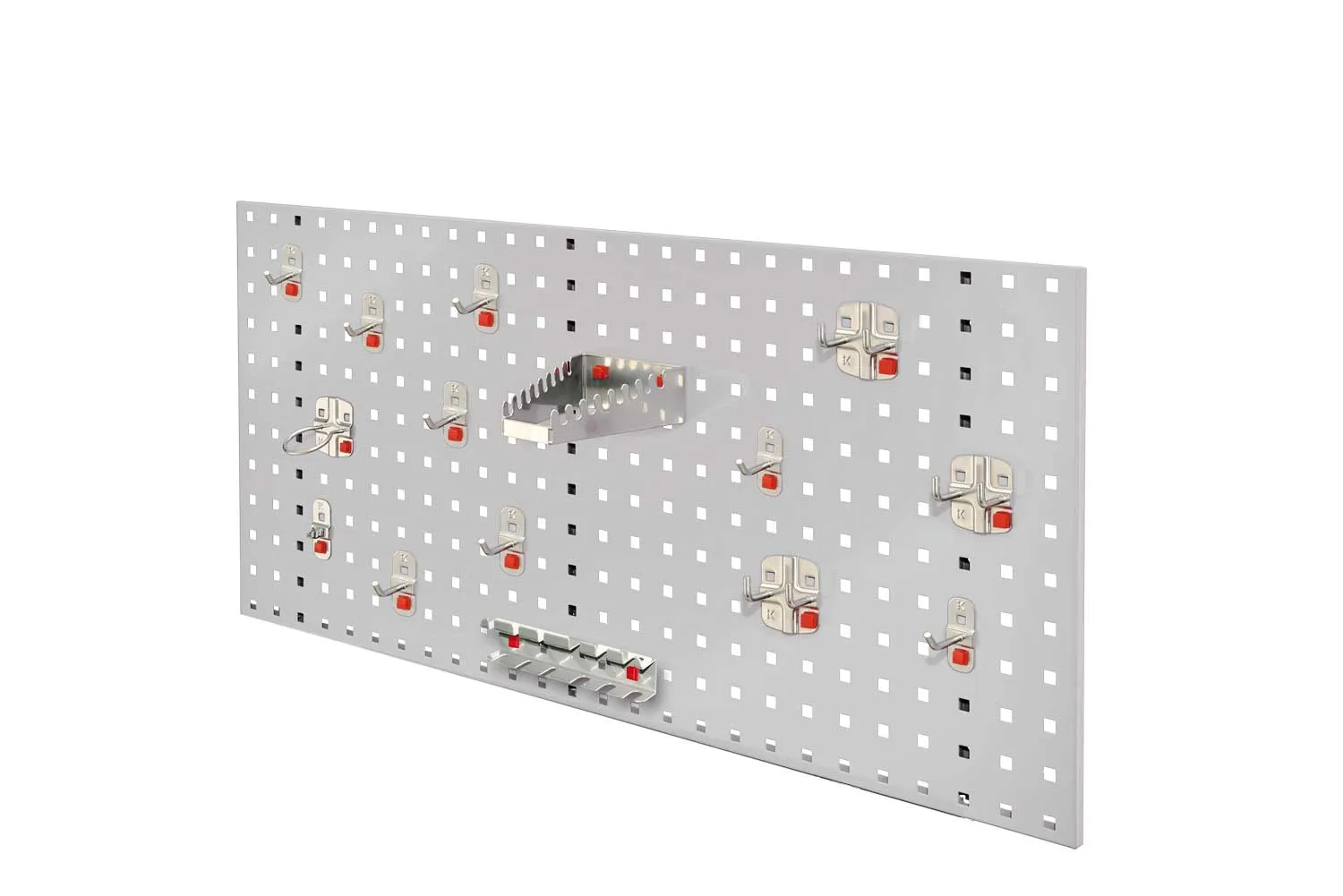 Produktbild des ?RasterPlan/ABAX Lochplatten Einsteigersets 5, RAL 7035: Lochplatte 1000 mm, 15-teiliges Werkzeughaltersortiment, werkzeuglose Montage.