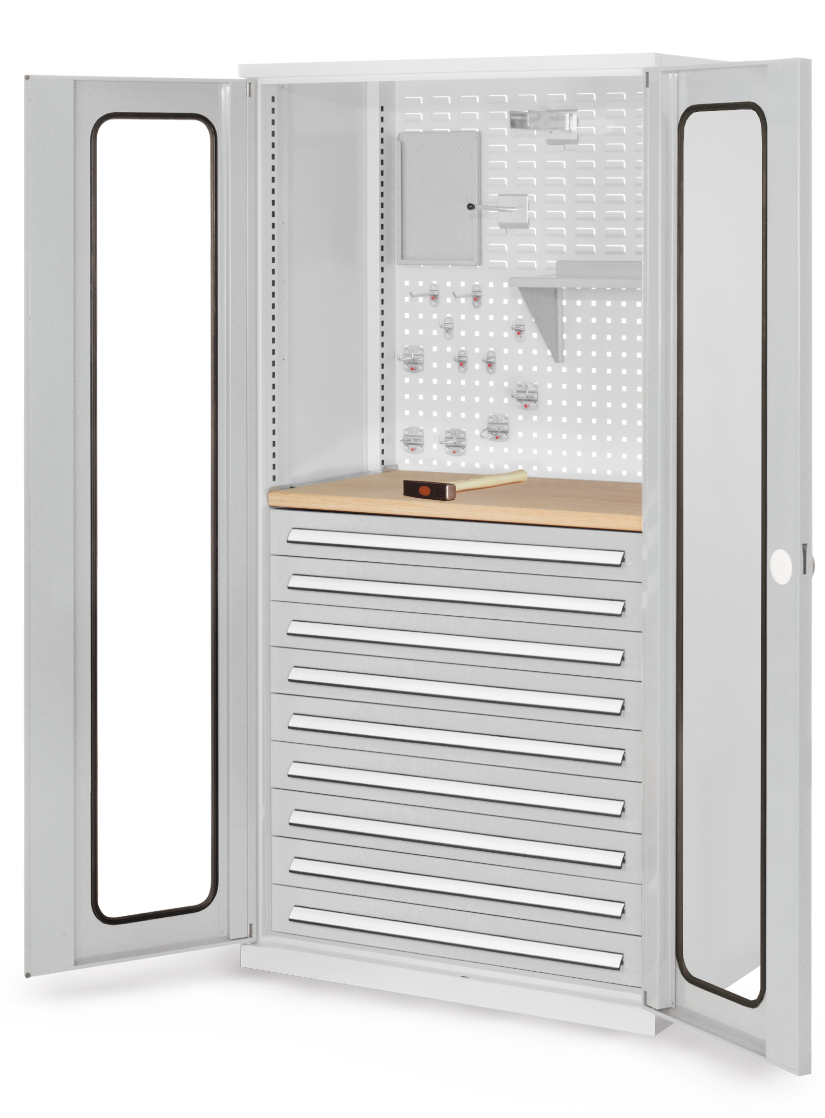 ®RasterPlan Schubladenschrank Modell 37 RAL 7035. Sichtfenstertür. 1950 x 1000 x 600 mm 9 Schubladen H 100 mm 1 Werkbankplatte Multiplex.