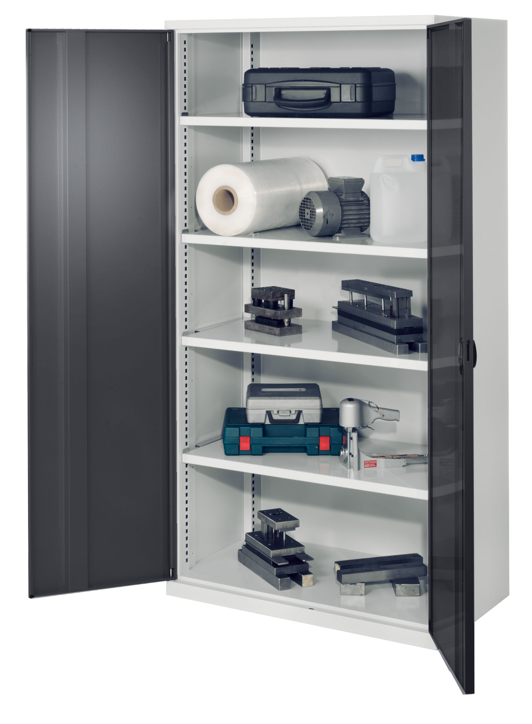 Schwerlastschrank ohne Mitteltrennwand 1950 x 1000 x 600 mm Mod 41 RAL7035/7016. Vollblechtür 4 Fachböden verzinkt.