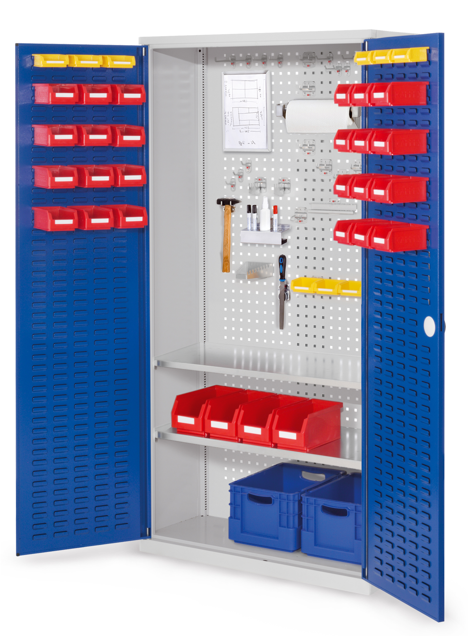 Der ®RasterPlan Werkzeugschrank Modell 5 410 von Kappes Systeme GmbH bietet mit seiner robusten Stahlkonstruktion und verstellbaren Fachböden optimale Werkzeugaufbewahrung.