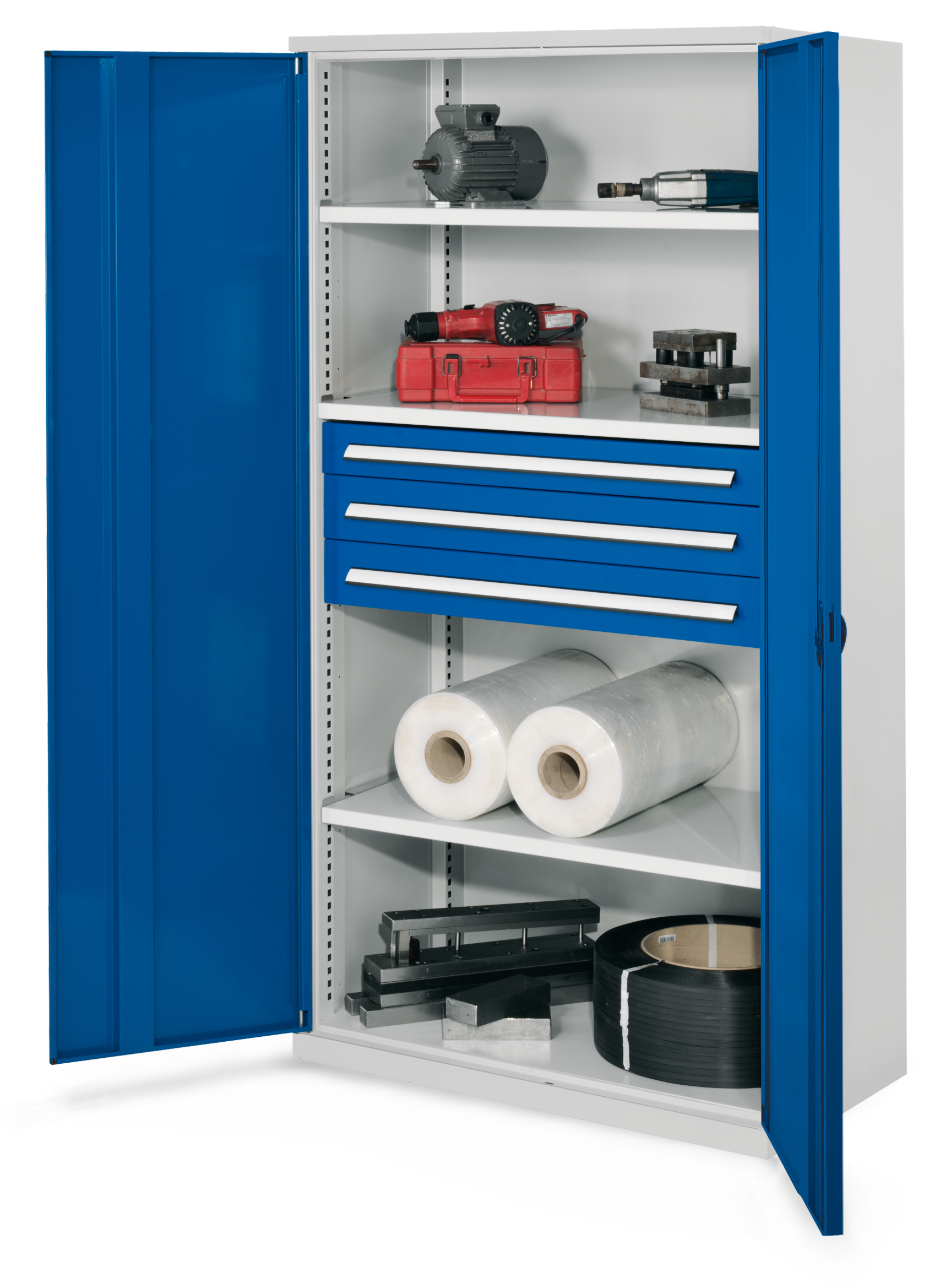 Schwerlastschrank von Kappes Systeme: Robuste Stahlkonstruktion, 1950x1000x600 mm, Vollblechtür, 3 Fachböden, 3 Schubladen, bis 1,65 Tonnen belastbar.