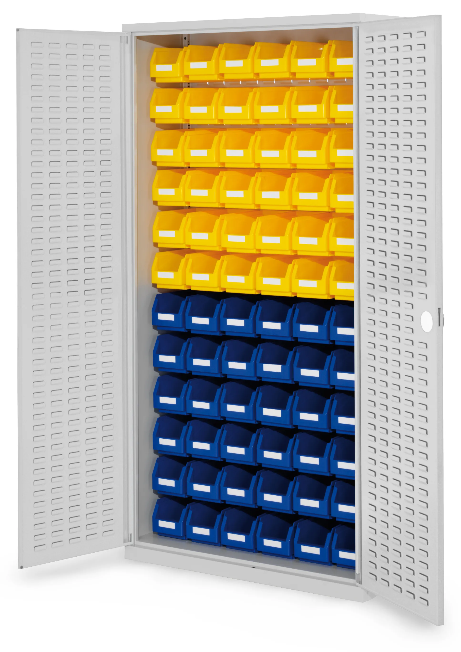 Der RasterPlan Schlitzplattenschrank von Kappes Systeme, H1950 x B1000 x T410 mm, in RAL 7035, bietet flexible Lagerung mit robusten T?ren und Sicherheitszylinderschloss.