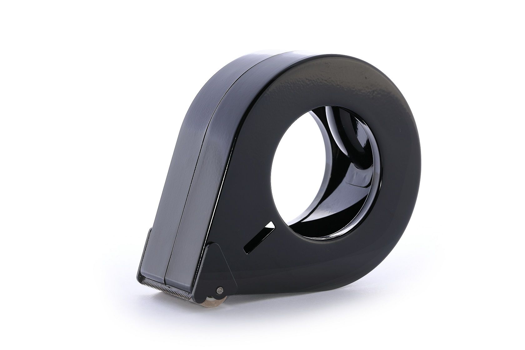 Schwarzer Handabroller von Traydon GmbH: Stabiler Metallkörper, 122 mm Außendurchmesser, 38 mm Rollenbreite, präzise Karbonstahlklinge, komfortable Handhabung.