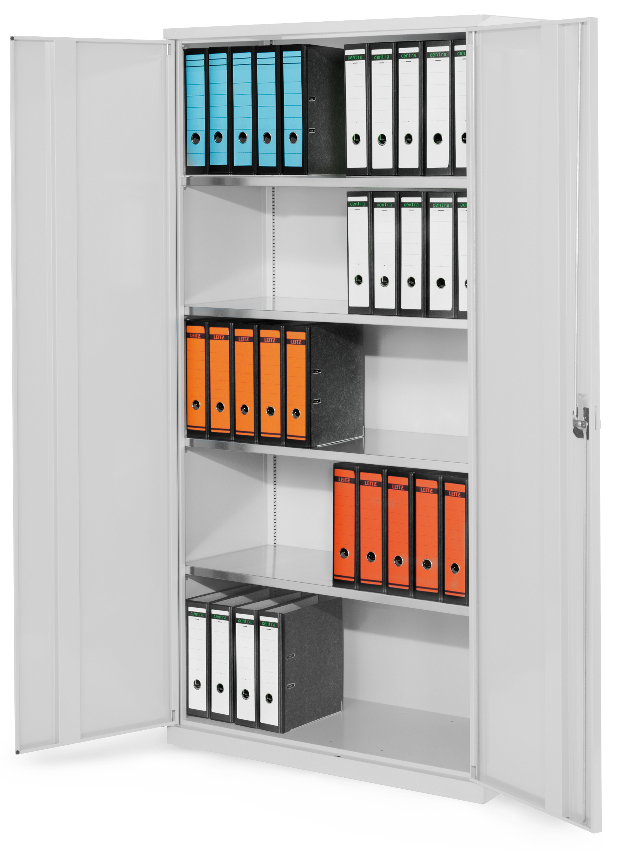 Systemschrank Serie 500 von Kappes Systeme: Robuster Stahlschrank in RAL 7035 mit verstellbaren Fachböden, Vollblechtüren und modernem Design für vielseitige Anwendungen.