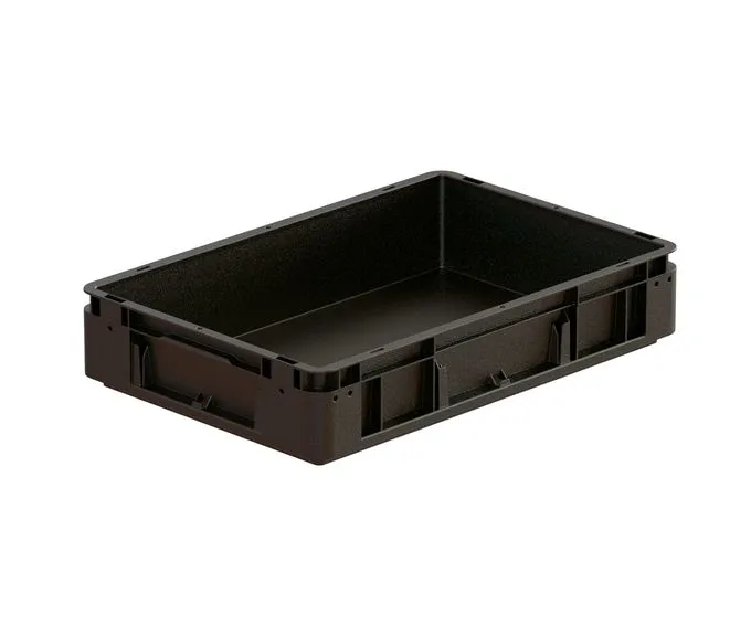 Der schwarze ESD-Beh?lter Silverline von Bekuplast (600x400x120 mm) sch?tzt elektronische Bauteile sicher vor Entladungen und bietet effiziente Lagerung und Transport.