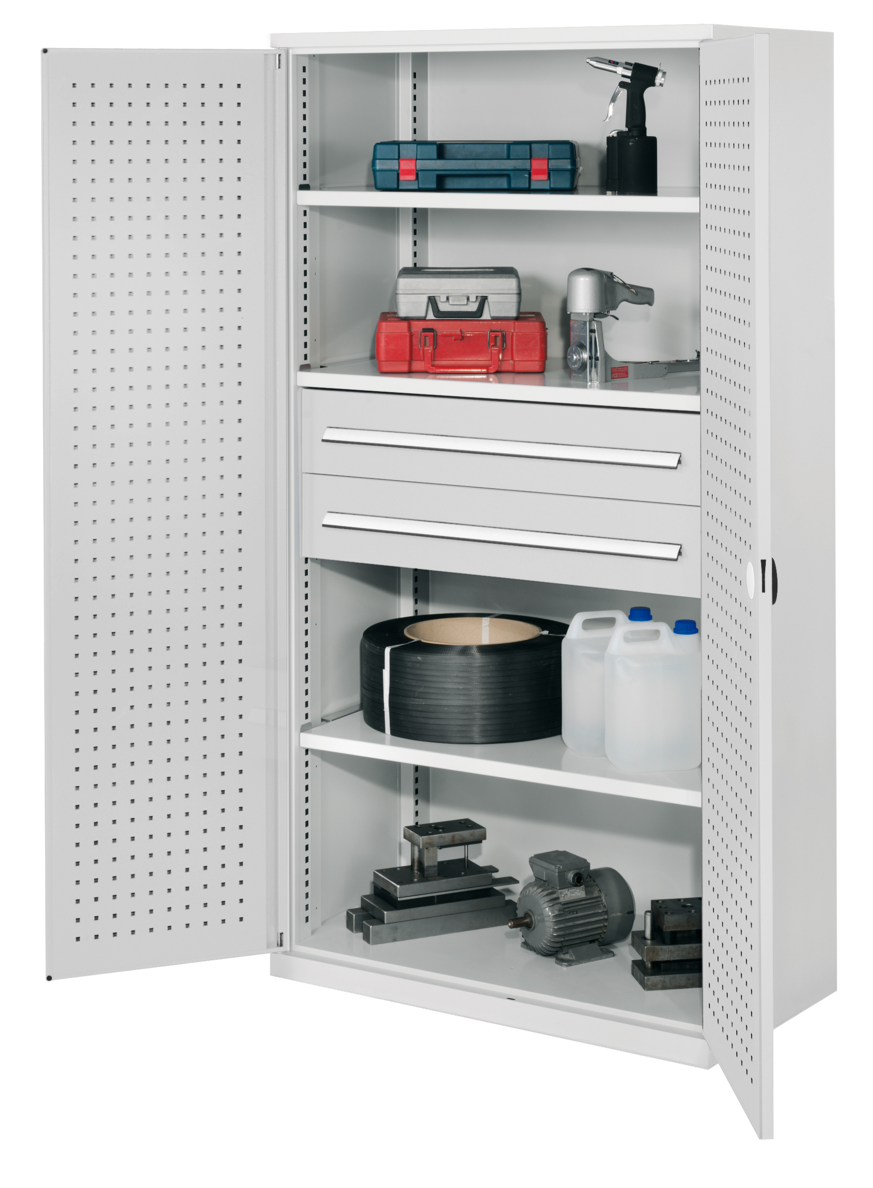 Schwerlastschrank ohne Mitteltrennwand 1950 x 1000 x 600 mm Mod 42 RAL 7035. Türinnenseite: ®RasterPlan Lochpaltte 3 Fachboden verzinkt 2 Schubladen 175 mm.