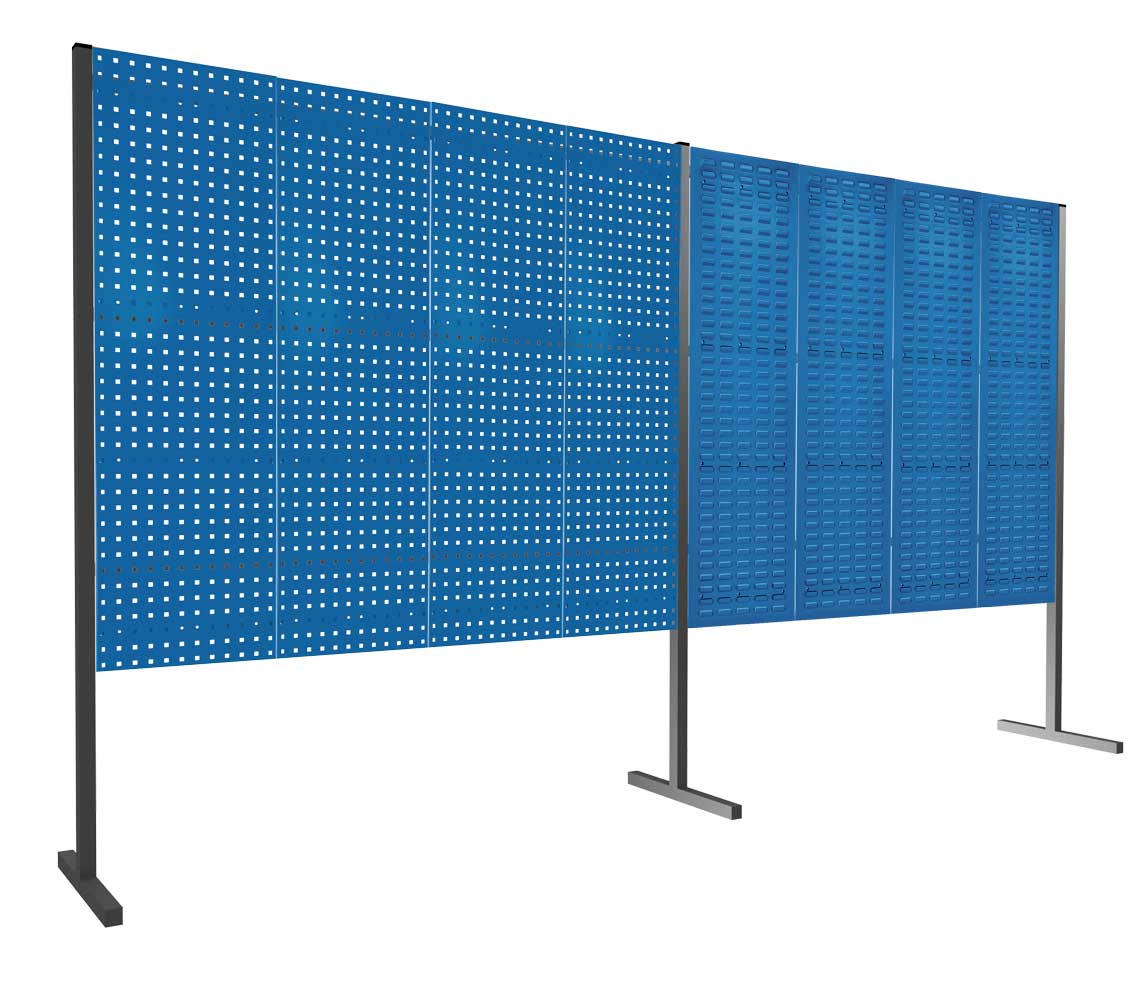 Produktbild der ®RasterPlan Trennwand Doppelfeld 180° in Blau, 2000 x 2000 mm, 1500 mm hoch, mit Loch- und Schlitzplatten für flexible industrielle Anwendungen.