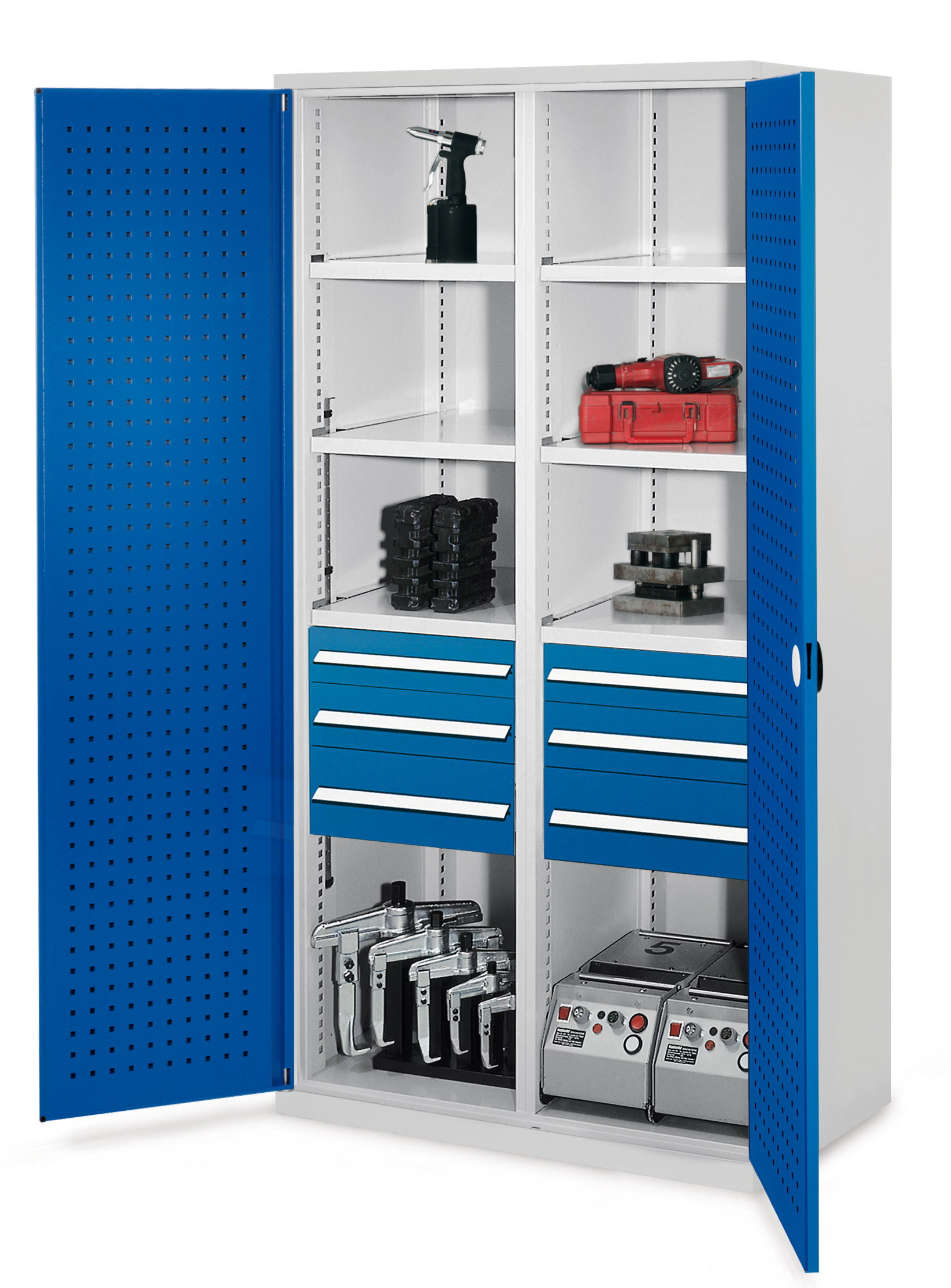 Produktbild des Schwerlastschranks von Kappes Systeme GmbH: Robuste Stahlkonstruktion mit Mitteltrennwand, Schubladen und Fachböden, ideal für industrielle Lagerung.