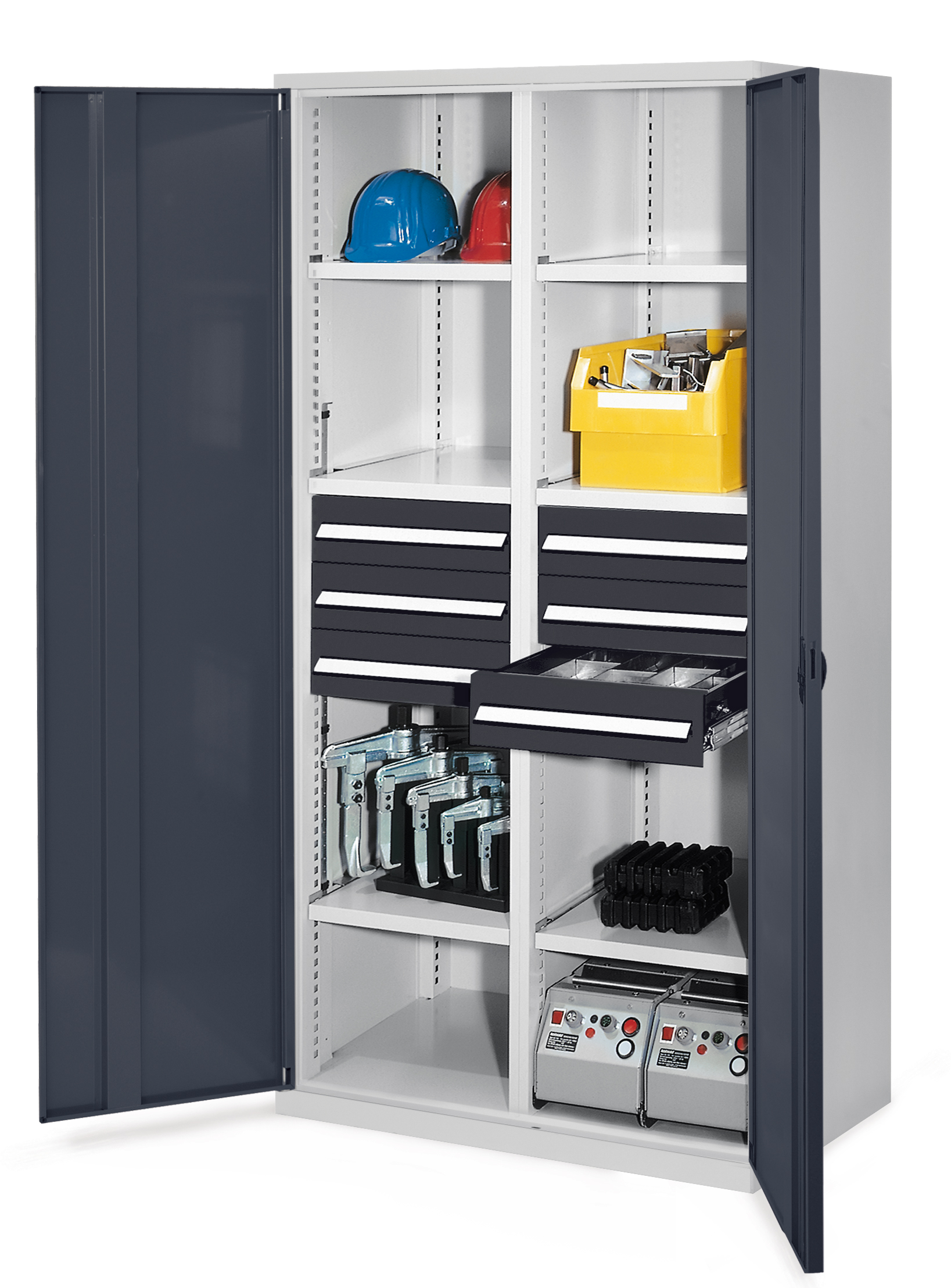 Schwerlastschrank von Kappes Systeme: Robuste Stahlkonstruktion, 1950x1000x600 mm, mit Vollblechtüren, sechs Schubladen und verstellbaren Fachböden für optimale Lagerung.