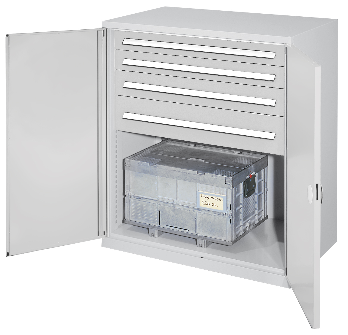 Der Schwerlast-Beistellschrank Modell 62 von Kappes Systeme bietet robuste Stahlkonstruktion, flexible Schubladen und Türen, hohe Belastbarkeit und anpassbare Fachböden.