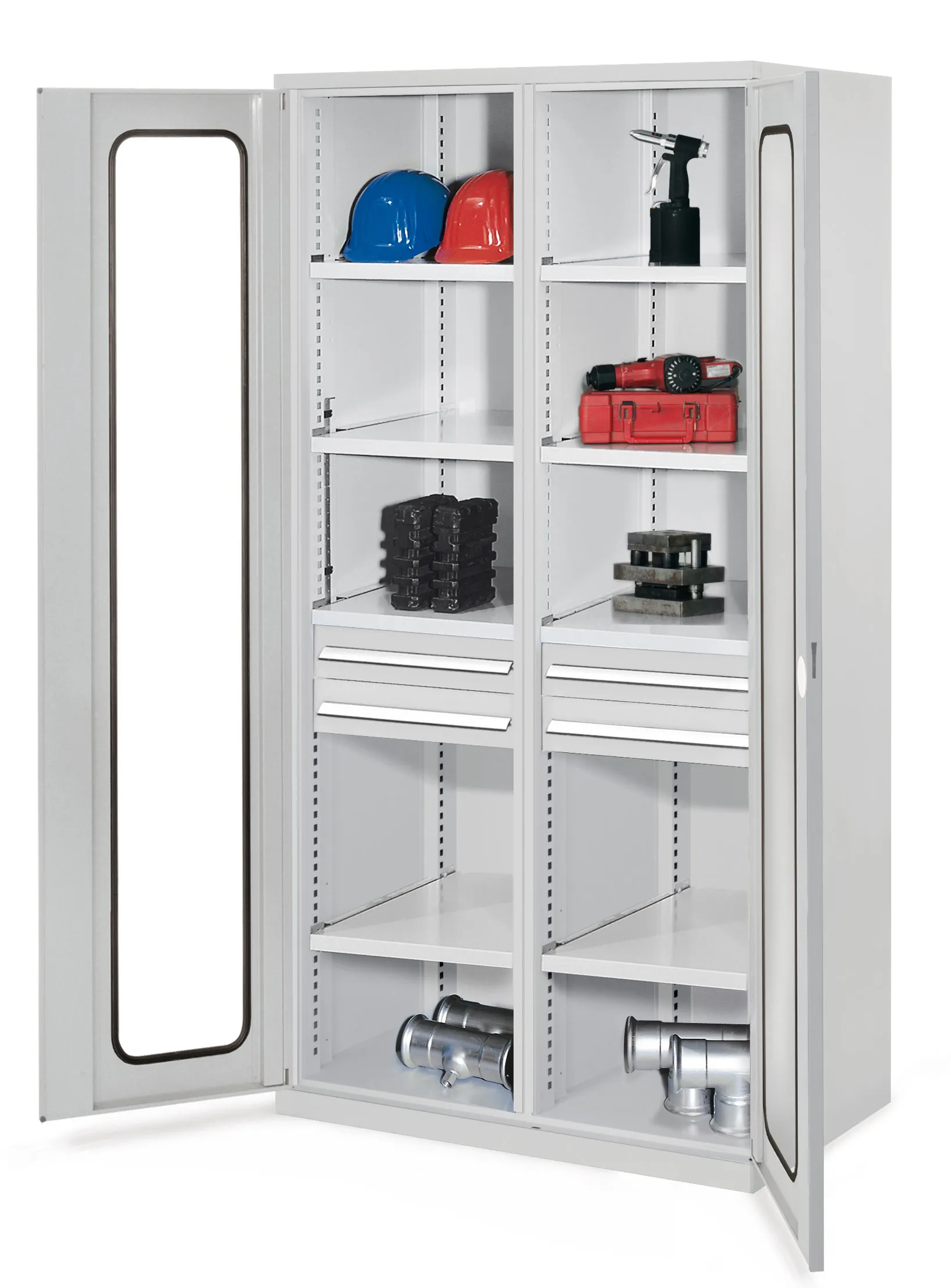 Produktbild des Schwerlastschranks von Kappes Systeme GmbH: Robuste Stahlkonstruktion mit Sichtfenstert?r, Schubladen und verstellbaren Fachb?den f?r effiziente Lagerung.