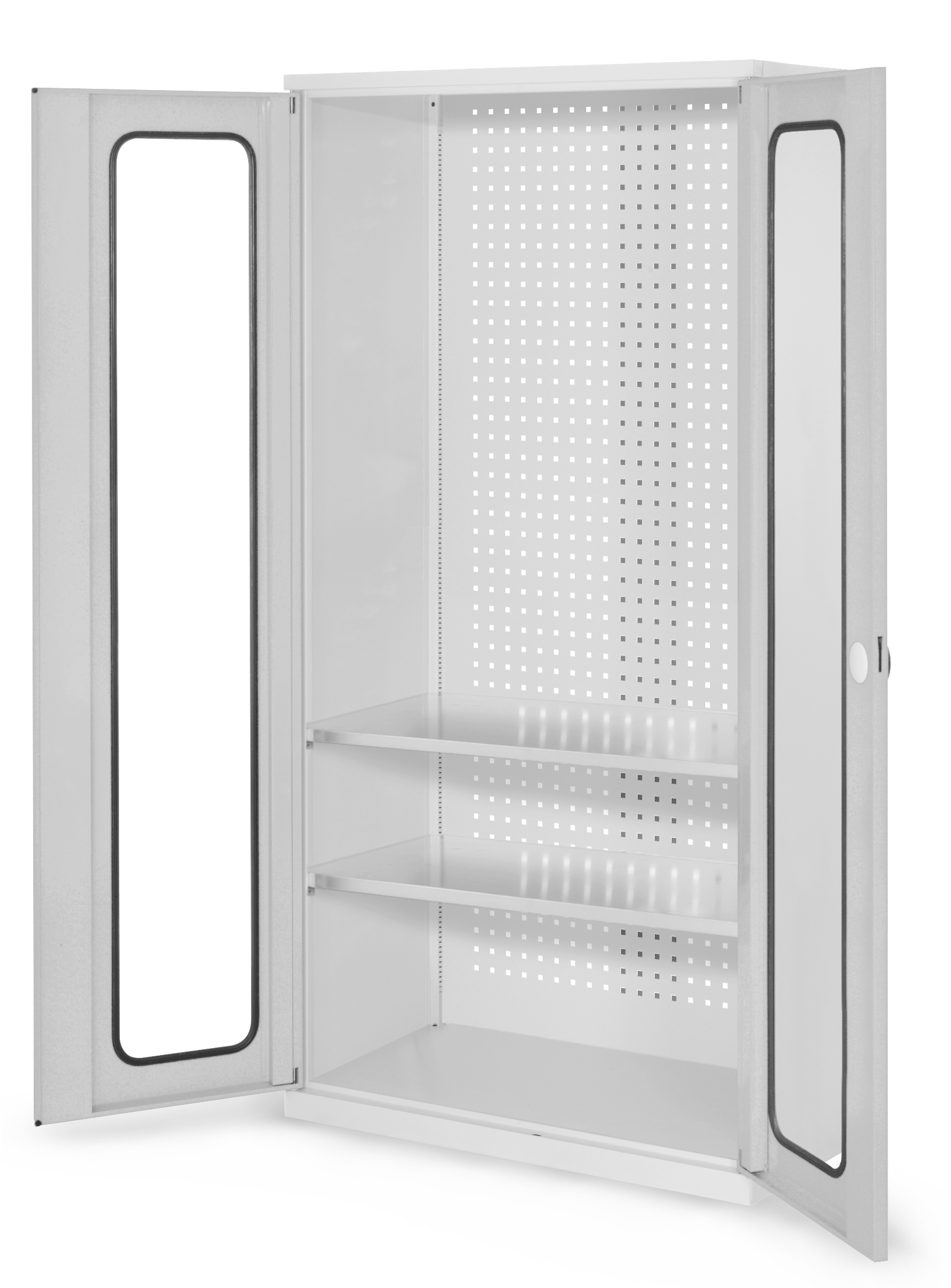 Der RasterPlan Werkzeugschrank Modell 5 500 von Kappes Systeme bietet robuste Sichtfenstertüren, flexible Organisation und erhöhte Sicherheit in lichtgrauem Design.