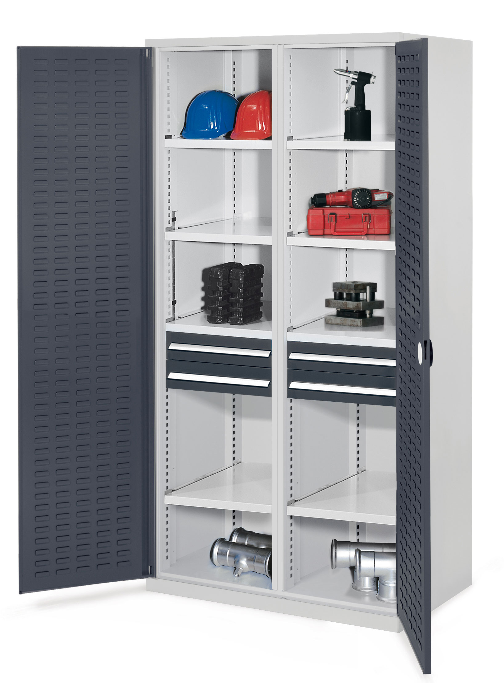 Der Schwerlastschrank Modell 56 von Kappes Systeme GmbH bietet robuste Lagerung für schwere Werkzeuge, mit verstellbaren Fachböden und sicherem Zylinderschloss.